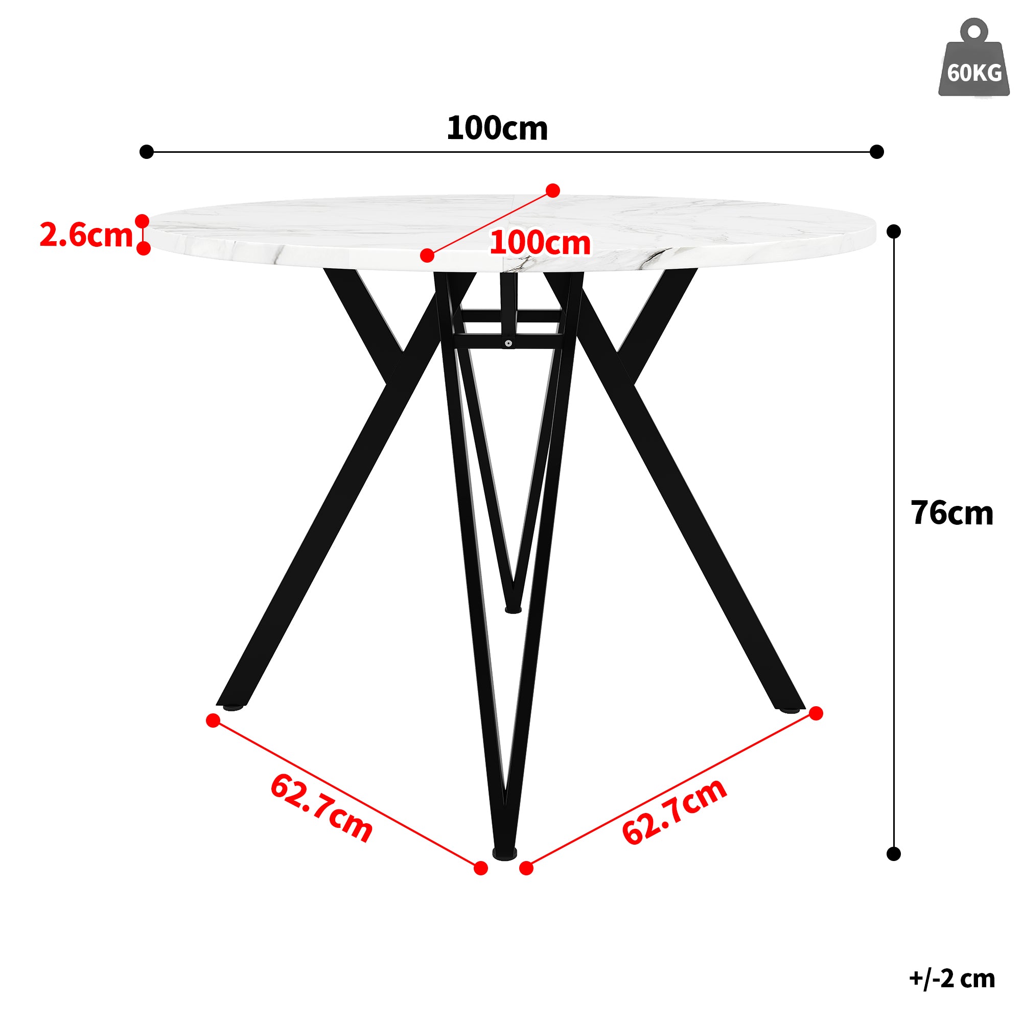 Round Dining Table 100x100cm 4-Seater Metal Legs MDF Marble Top - Black