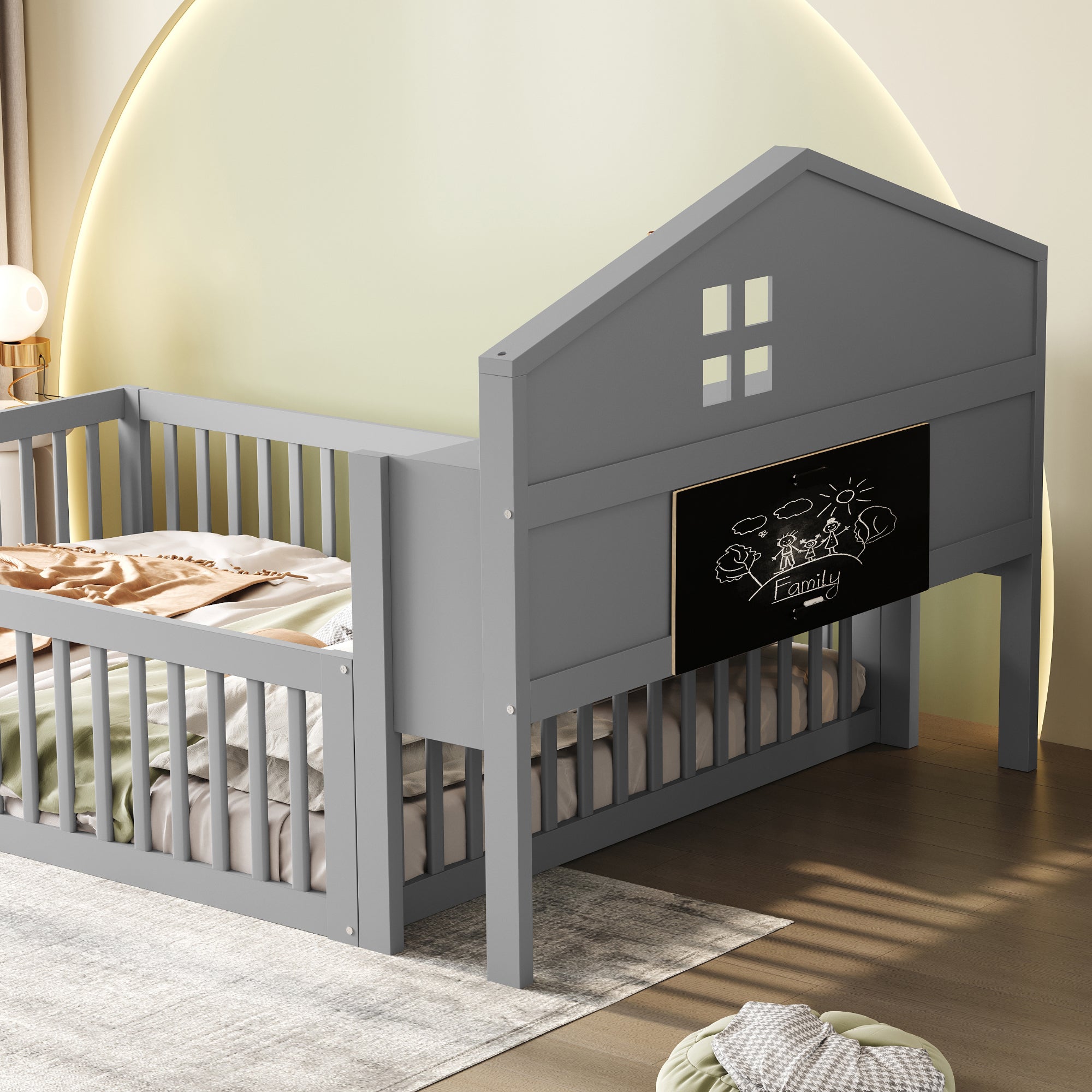 Children's Bed 140x200, House Frame with Shelves, Safety Gate & Slatted Frame, Grey Solid Wood