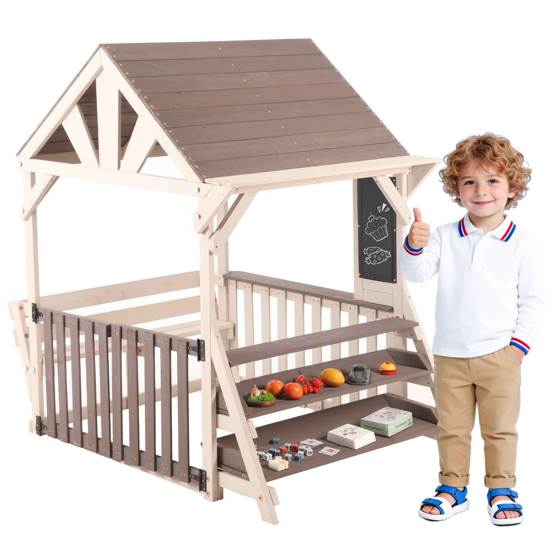 Outdoor Kitchen Playset with Rainproof Roof and Multi-purpose Shelf, Grey Wood