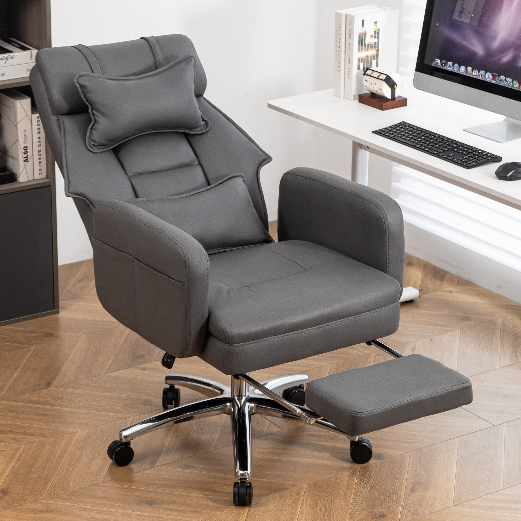 Swivel Ergonomic Office Chair High Back Lumbar Headrest 155° Reclining - DARK GREY Technology Leather