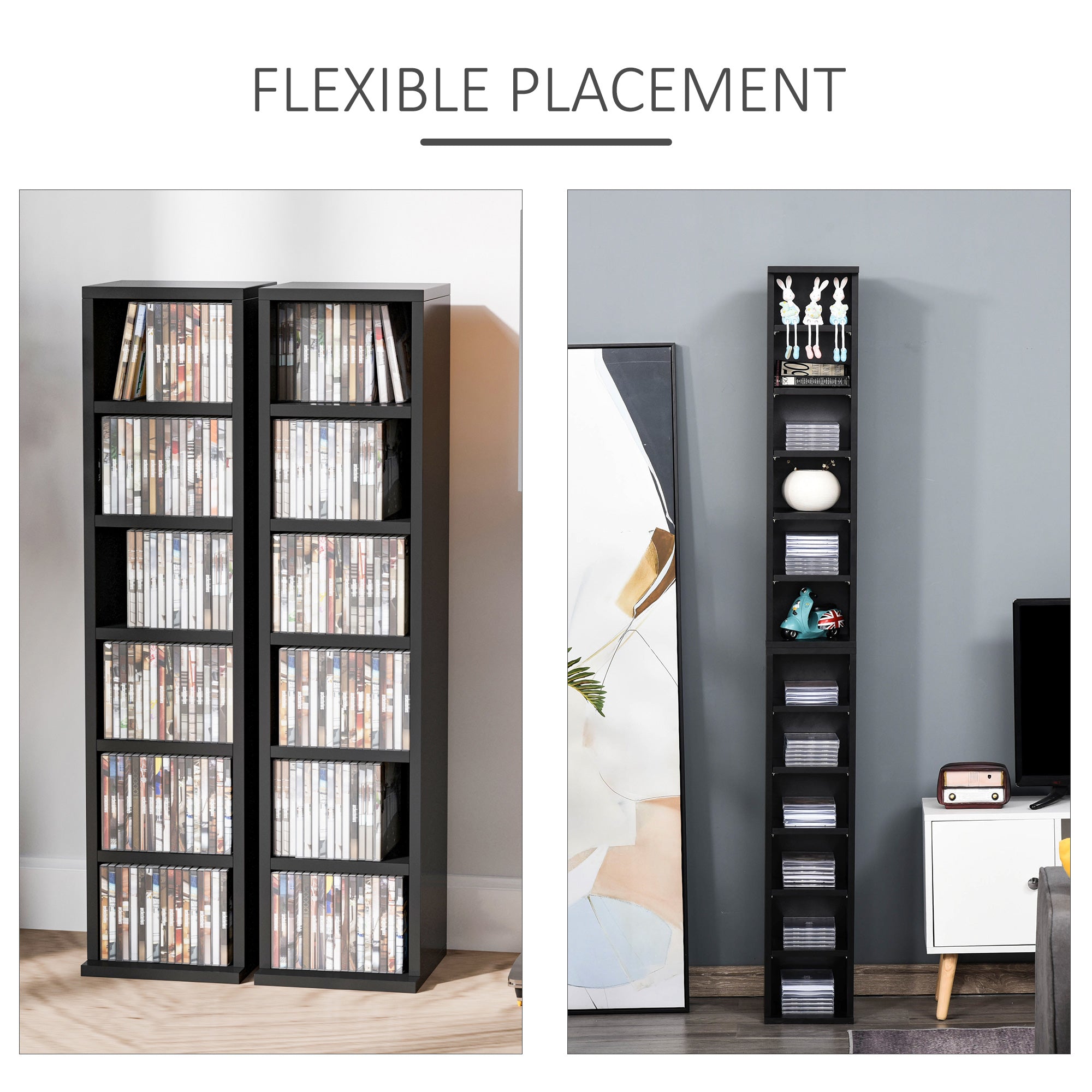 Media Display Shelf Set of 2, 204 CD/Blu-Ray Adjustable Tower Rack, Black