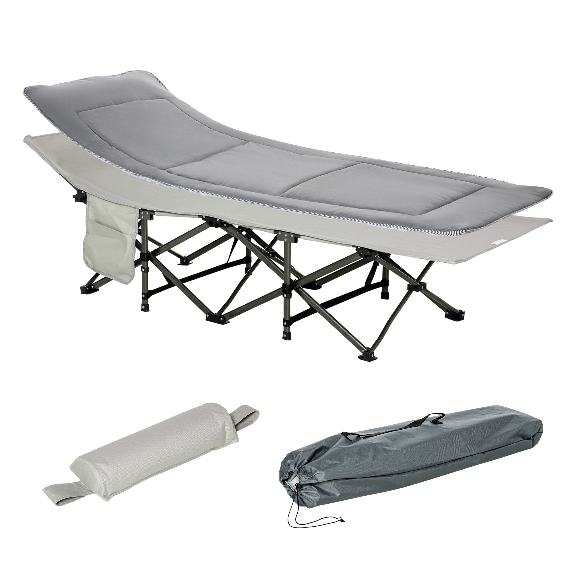 Camping Bed Folding with Pillow, Side Pocket, 150kg, Light Grey