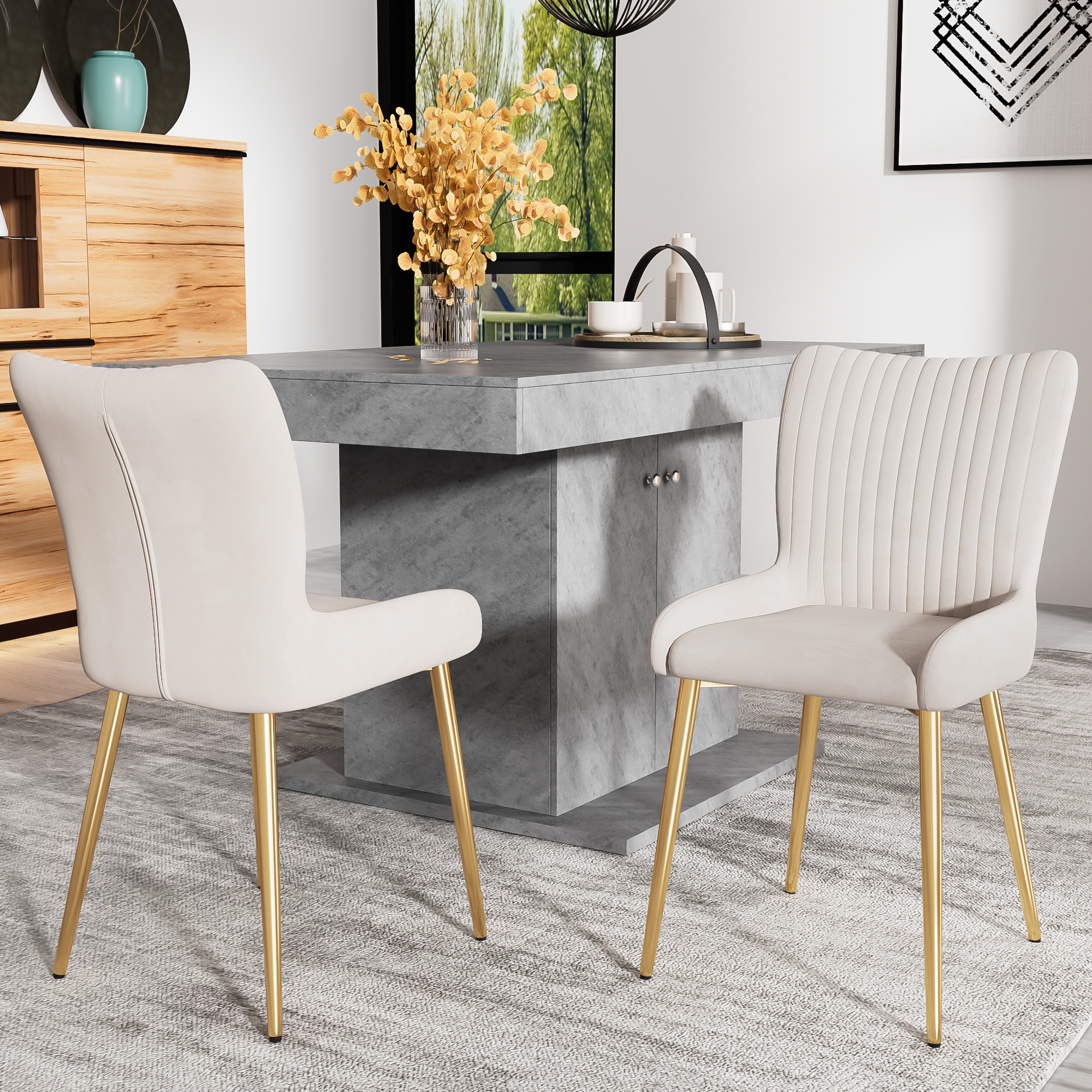 Velvet Dining Chair, Set of 4 with Gold Metal Legs and Lumbar Support, Beige