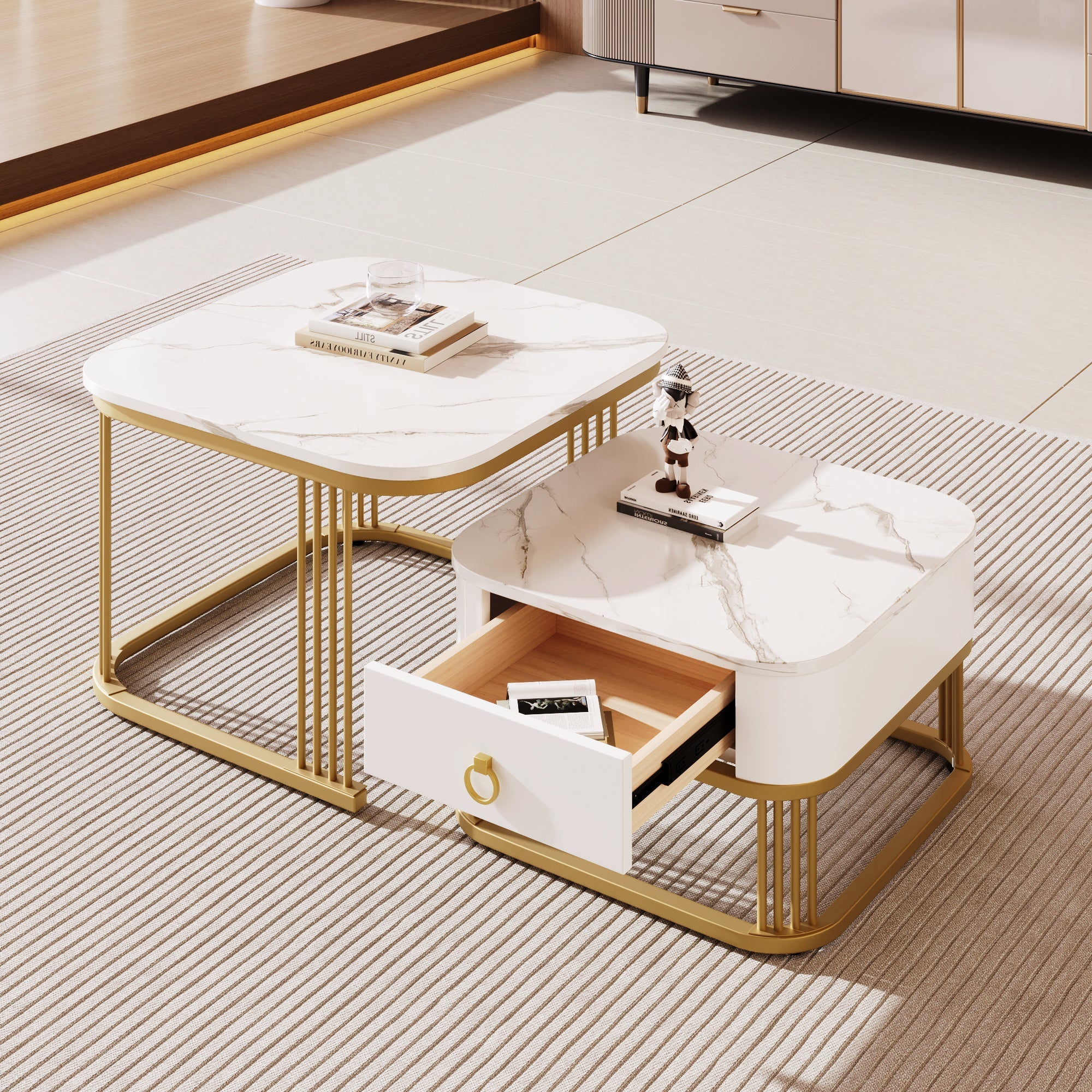 Nestable Coffee Table: High Gloss Marble Exterior, Gold Accents, Side Table with Drawer. Set of Two