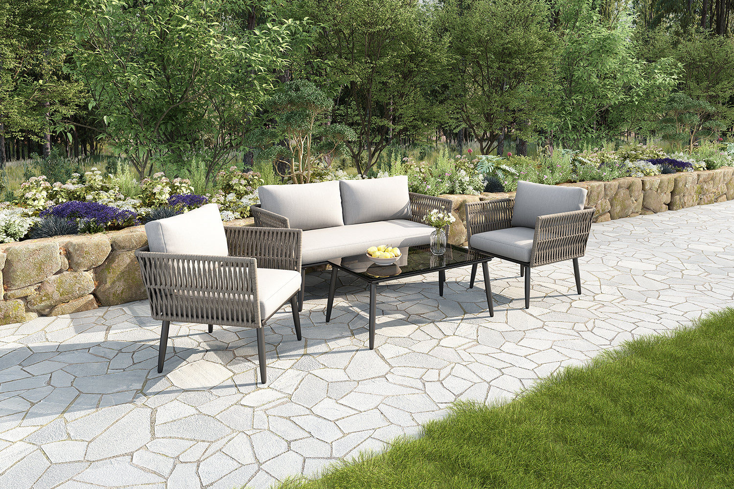 Garden Lounge Set with 2-Seater Sofa, 2 Armchairs and Coffee Table, Grey PE Rope and Steel