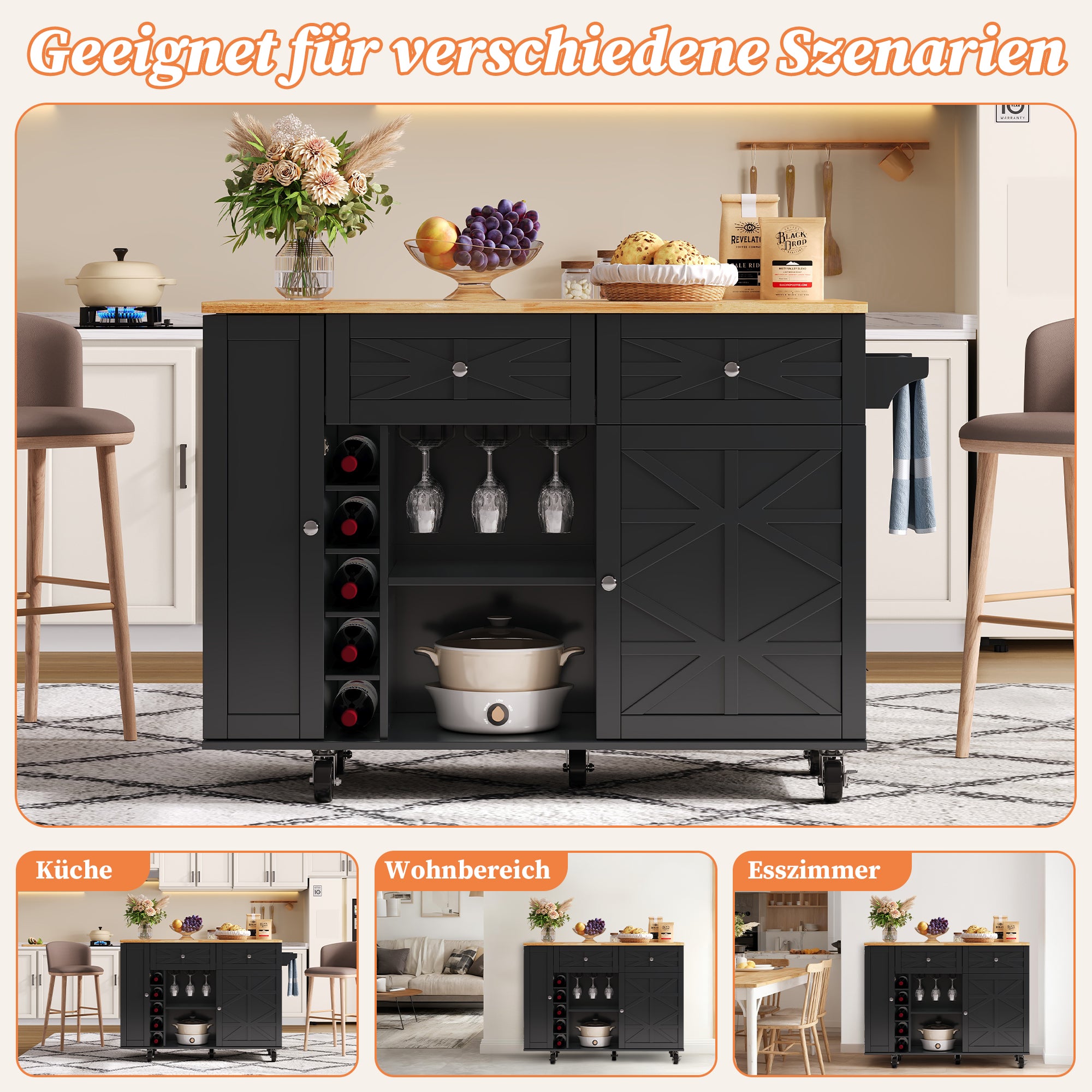 Kitchen Island Mobile Folding Worktop Wine Rack Storage - Black