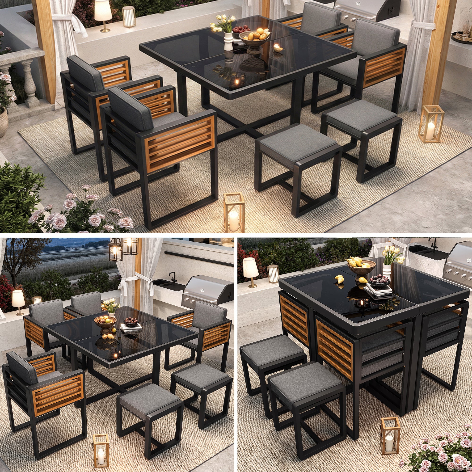 Garden Furniture Set with 6 Chairs and Table, Glass Tabletop