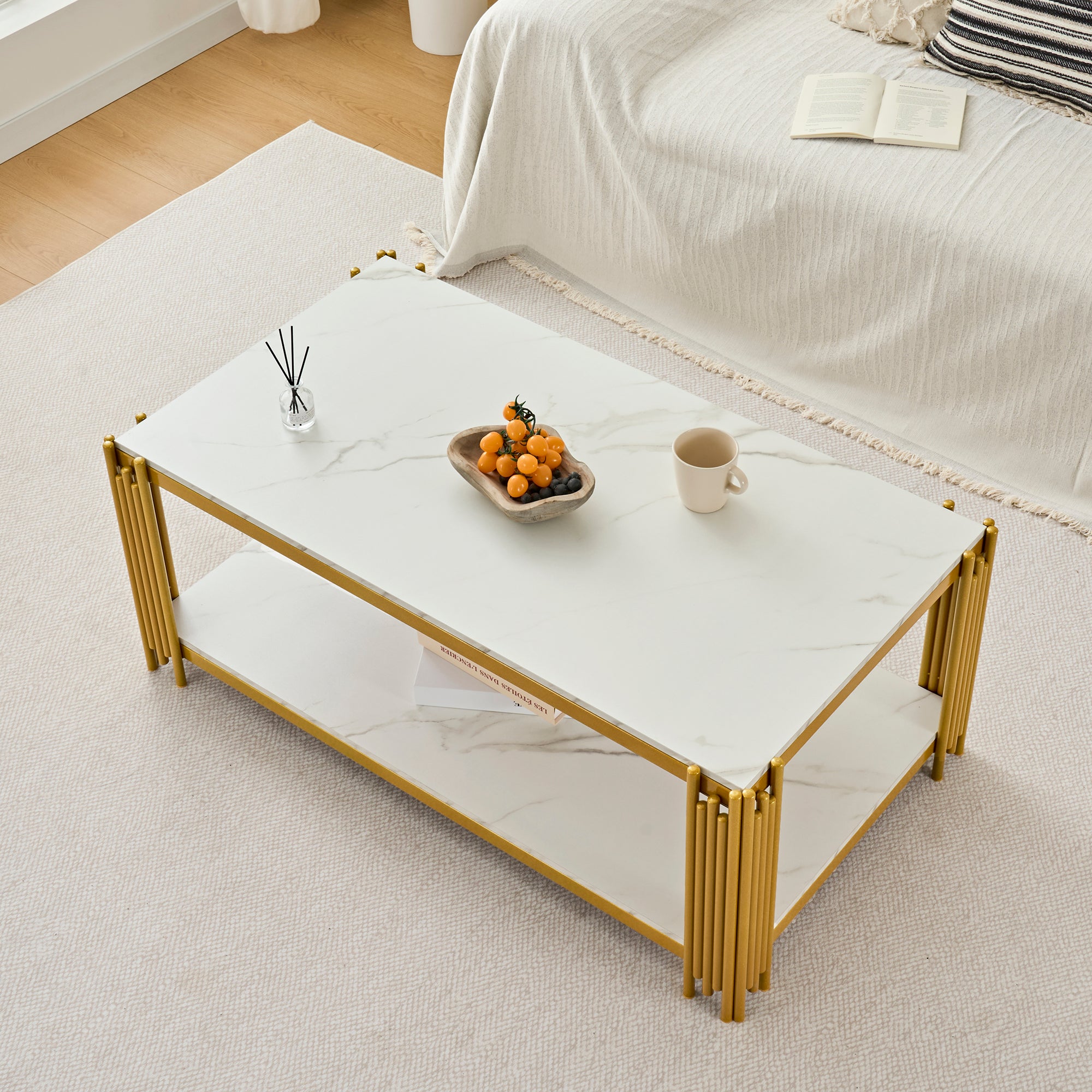 Coffee Table Rectangular Marble Effect Metal Legs - White/Gold