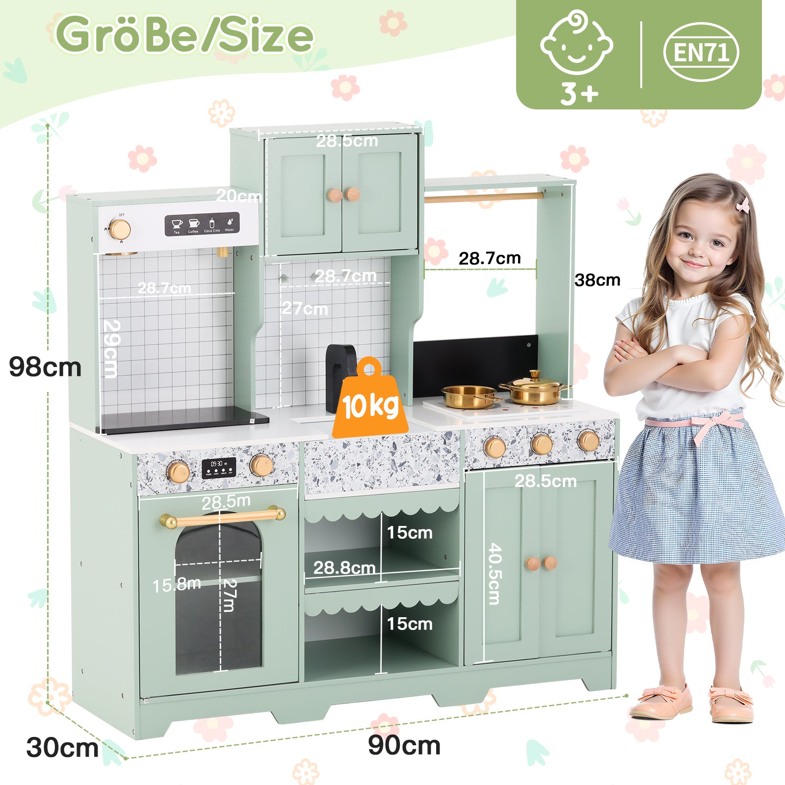 Children's Play Kitchen with Accessories and Creative Design, Green Wood and Plastic