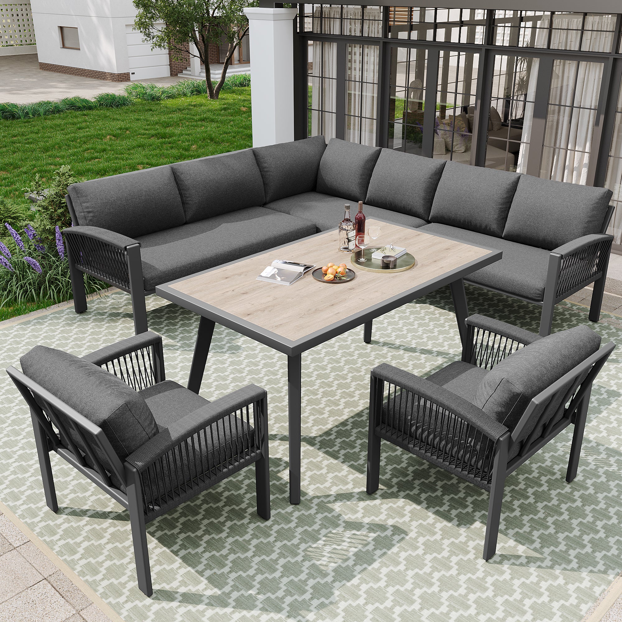 Garden Lounge Set 8-Person Rope Design Large Table Wood Grain - Grey