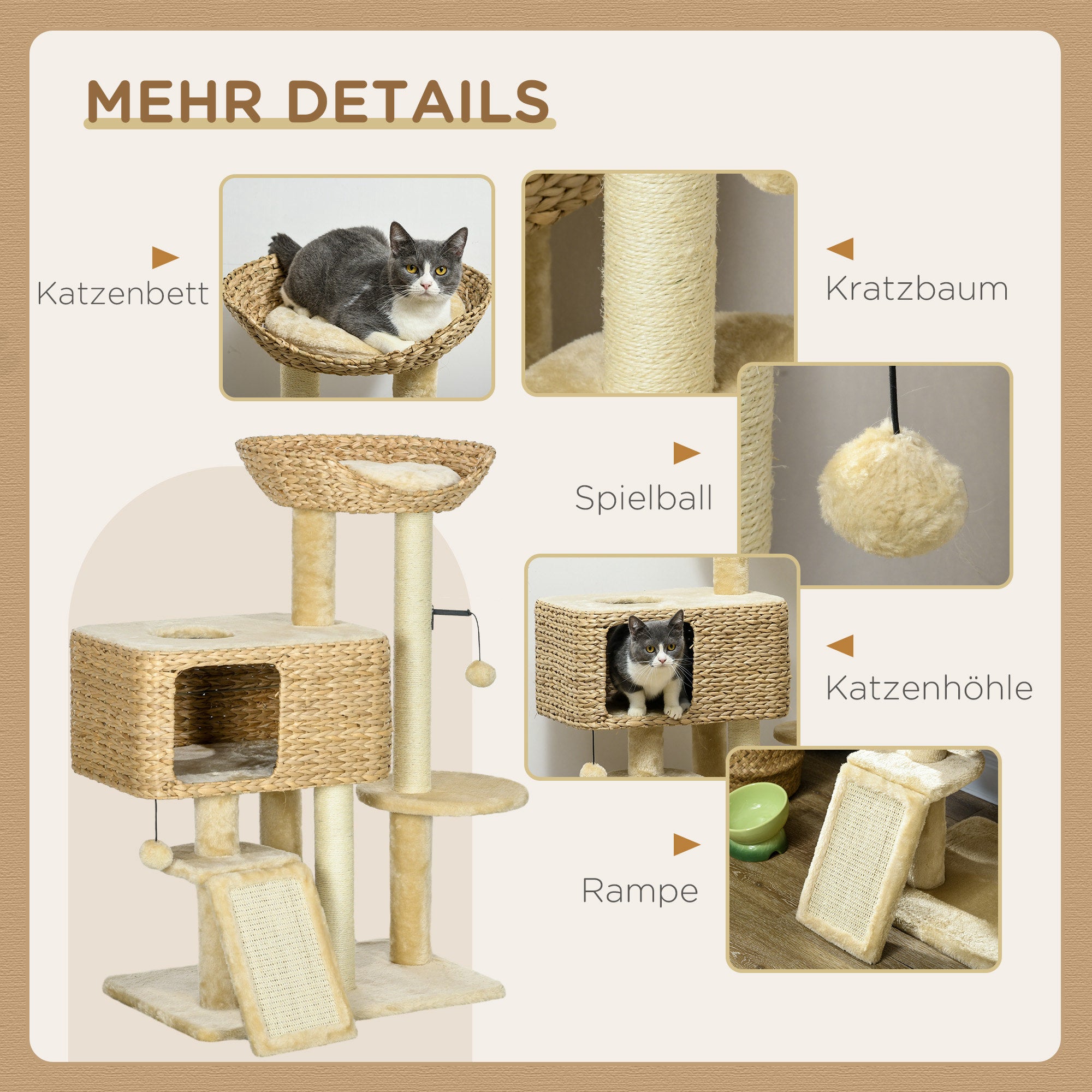 Cat Scratching Post, 98cm 2 Resting Areas Play Ball, Sisal Beige