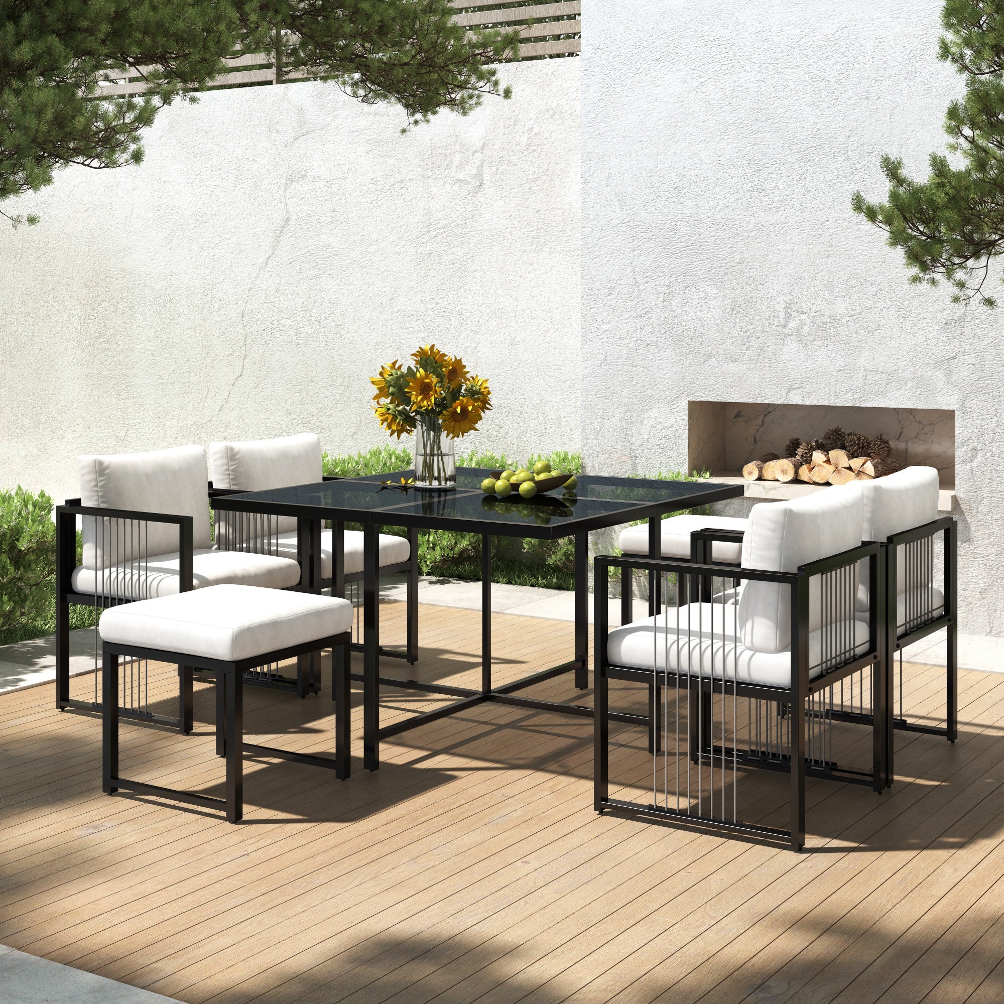 Outdoor Dining Set 7-Piece 6-Person Tempered Glass Table