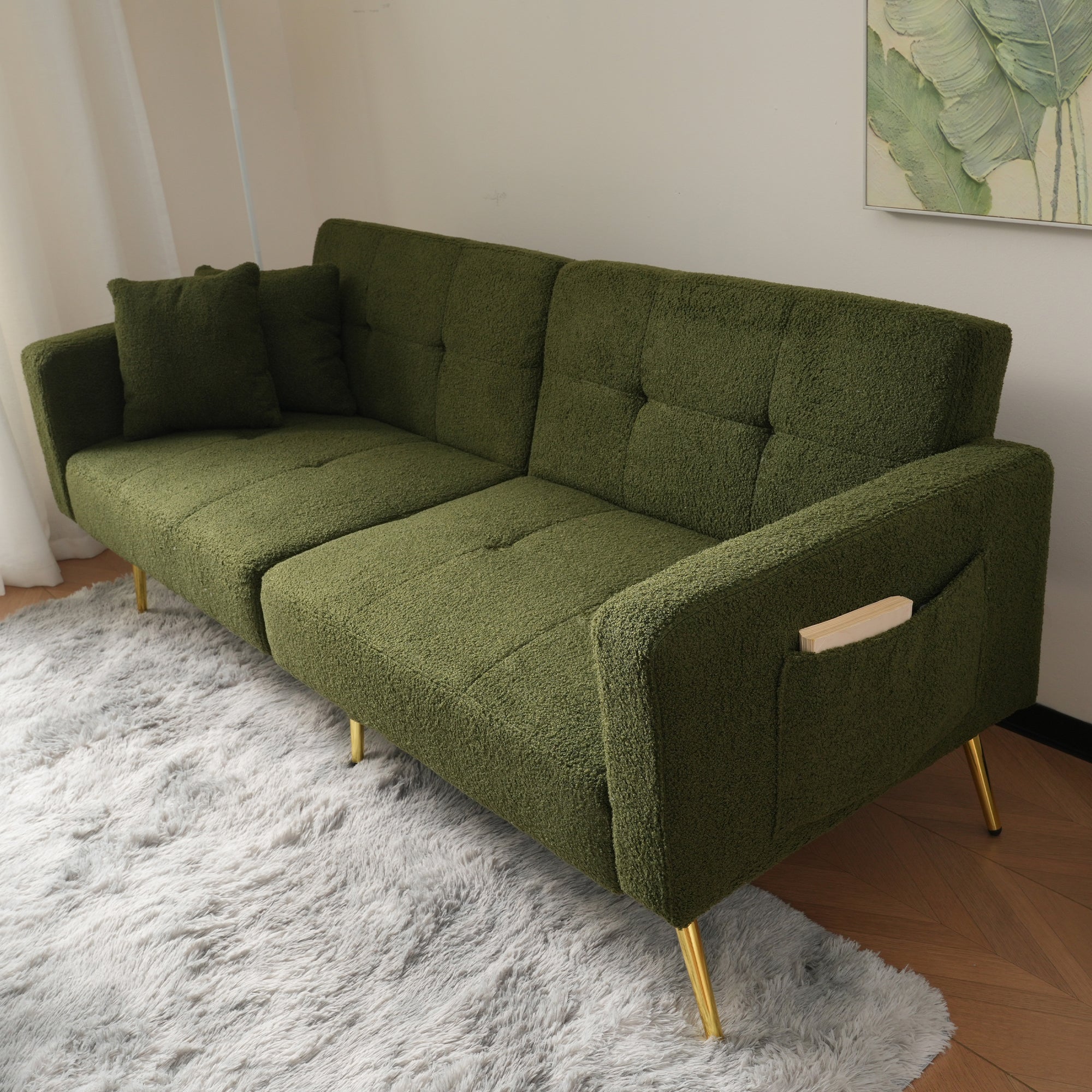 Sofa Bed with 3 Adjustable Backrest Angles and Storage Pockets, Gold Legs