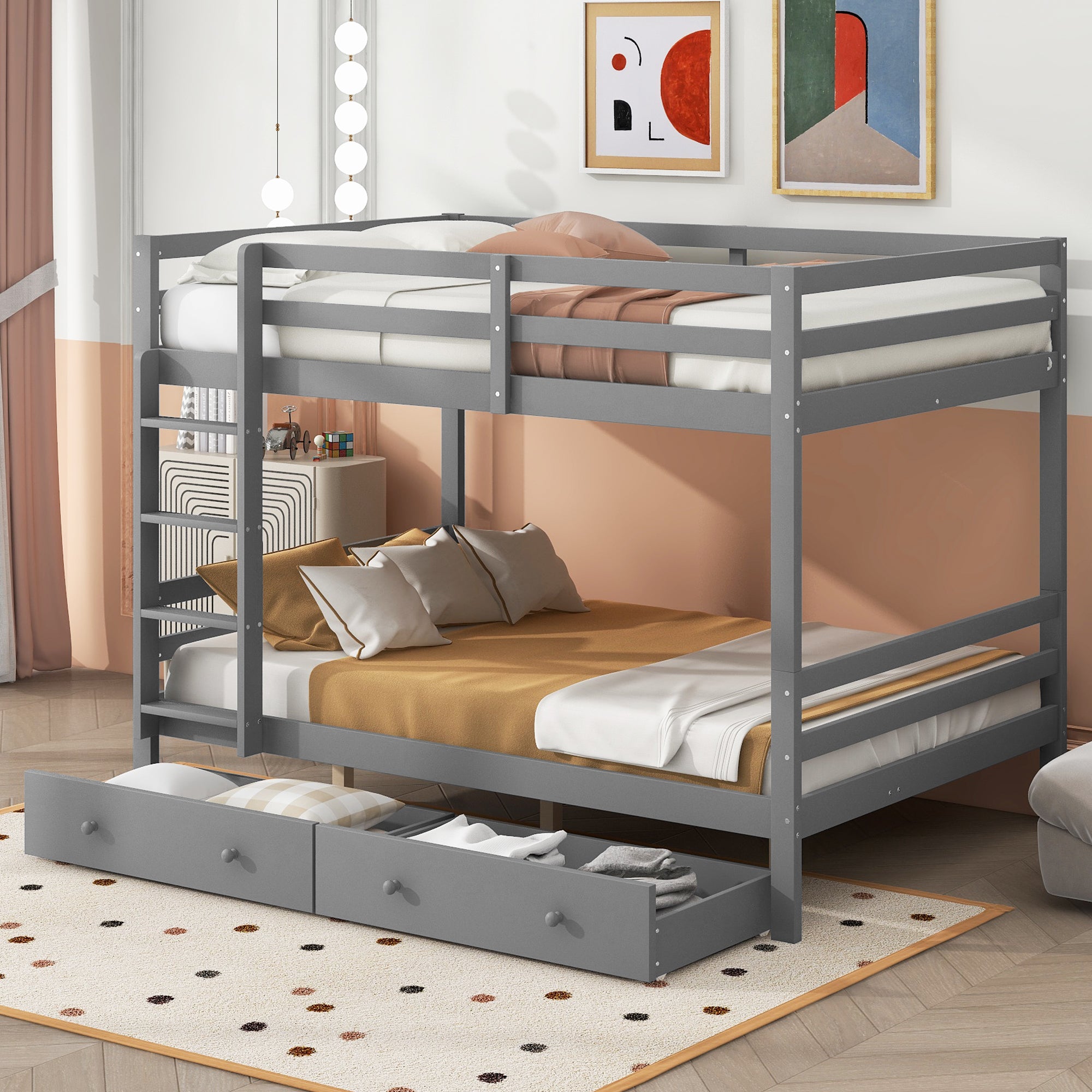 Bunk Bed 140x200cm Children's with Drawers Storage High Railings, Grey