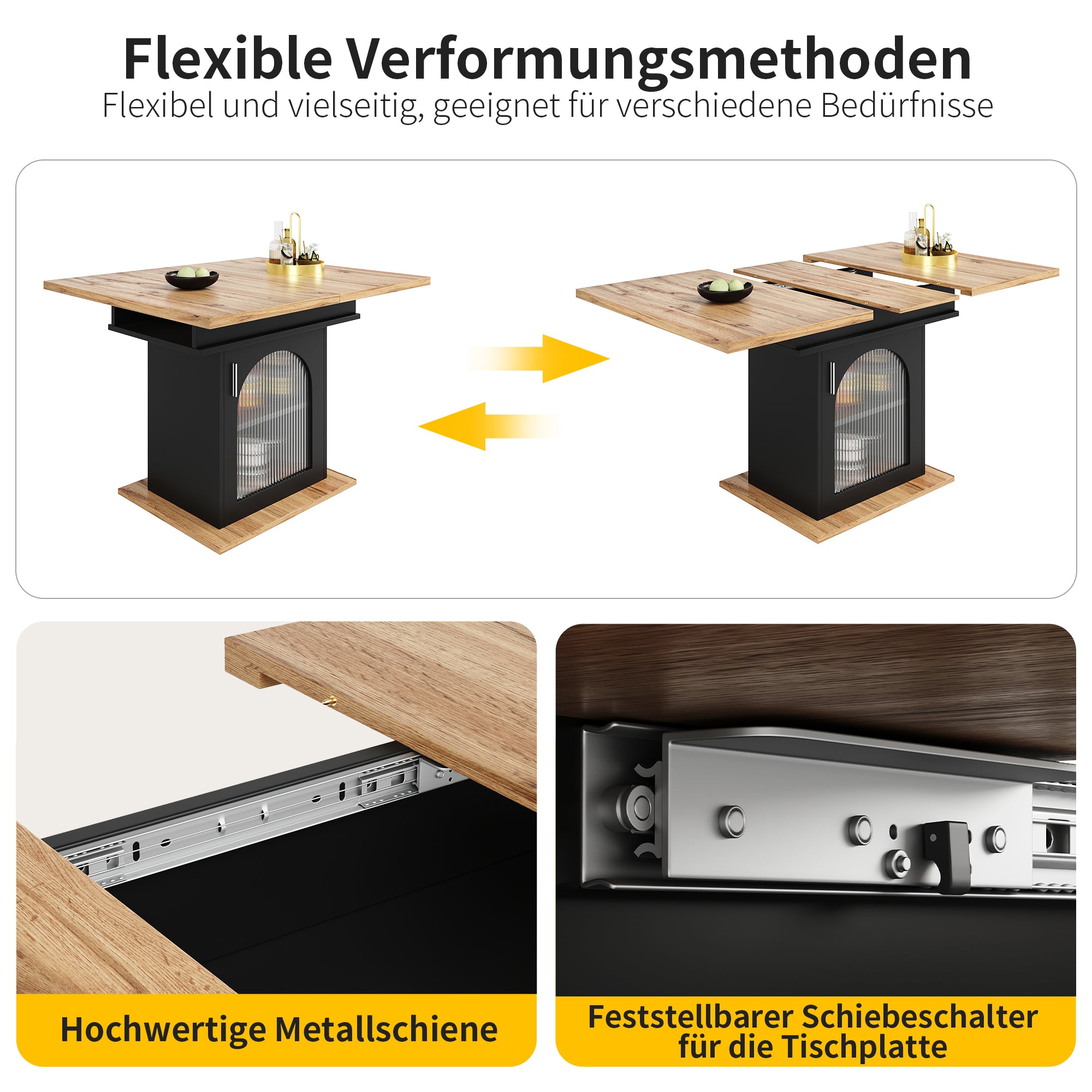 Telescopic Dining Table 140x80cm Extendable Storage Shelf Space-Saving Natural/Black