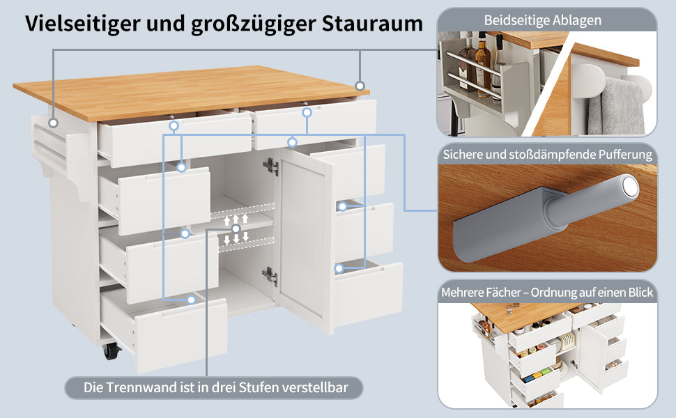 Extendable Kitchen Island Trolley 8 Drawers Worktop Wheels - White