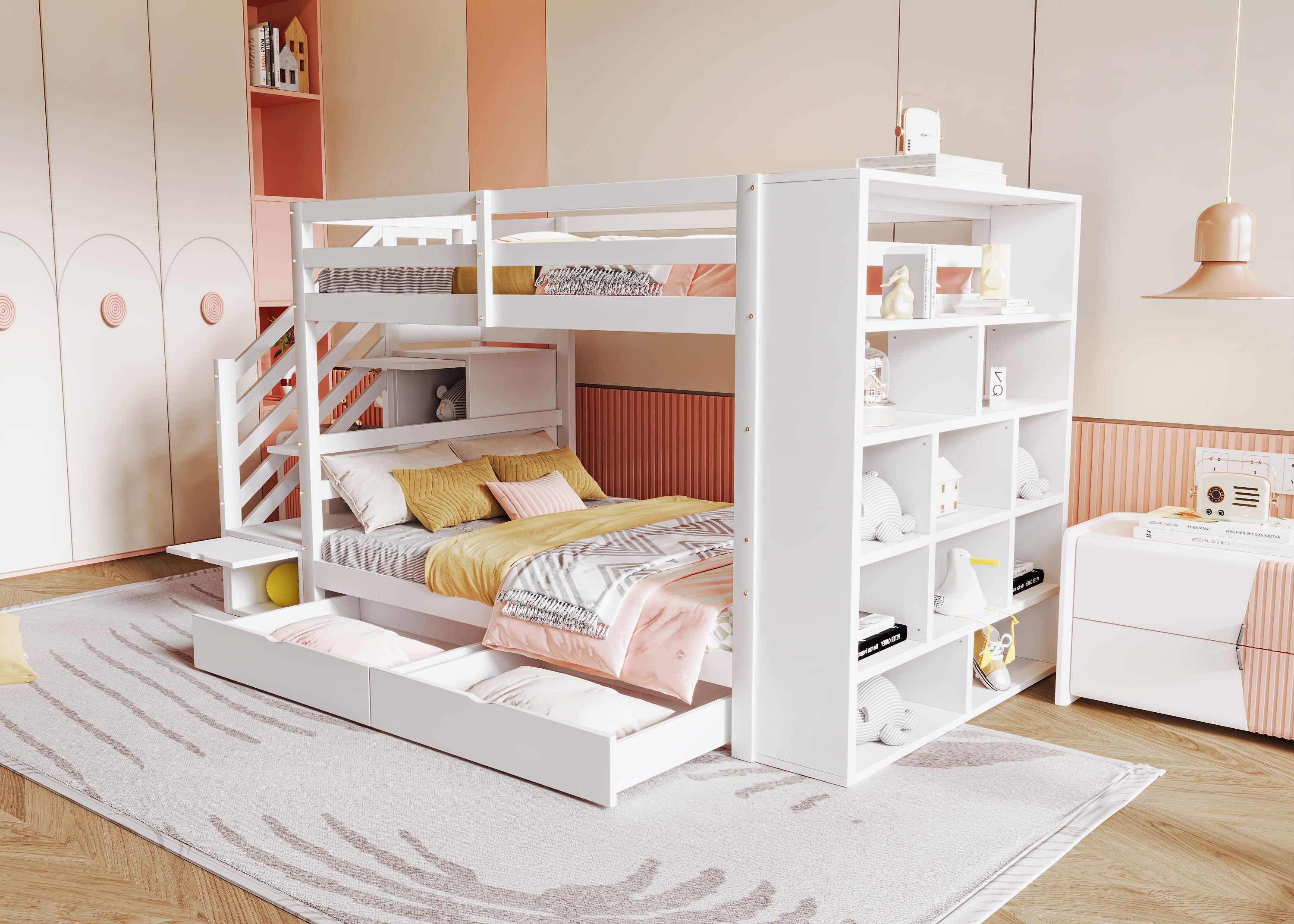 Bunk Bed, 90x200cm, Safety Ladder, Storage & Lockers, Pine Wood, White