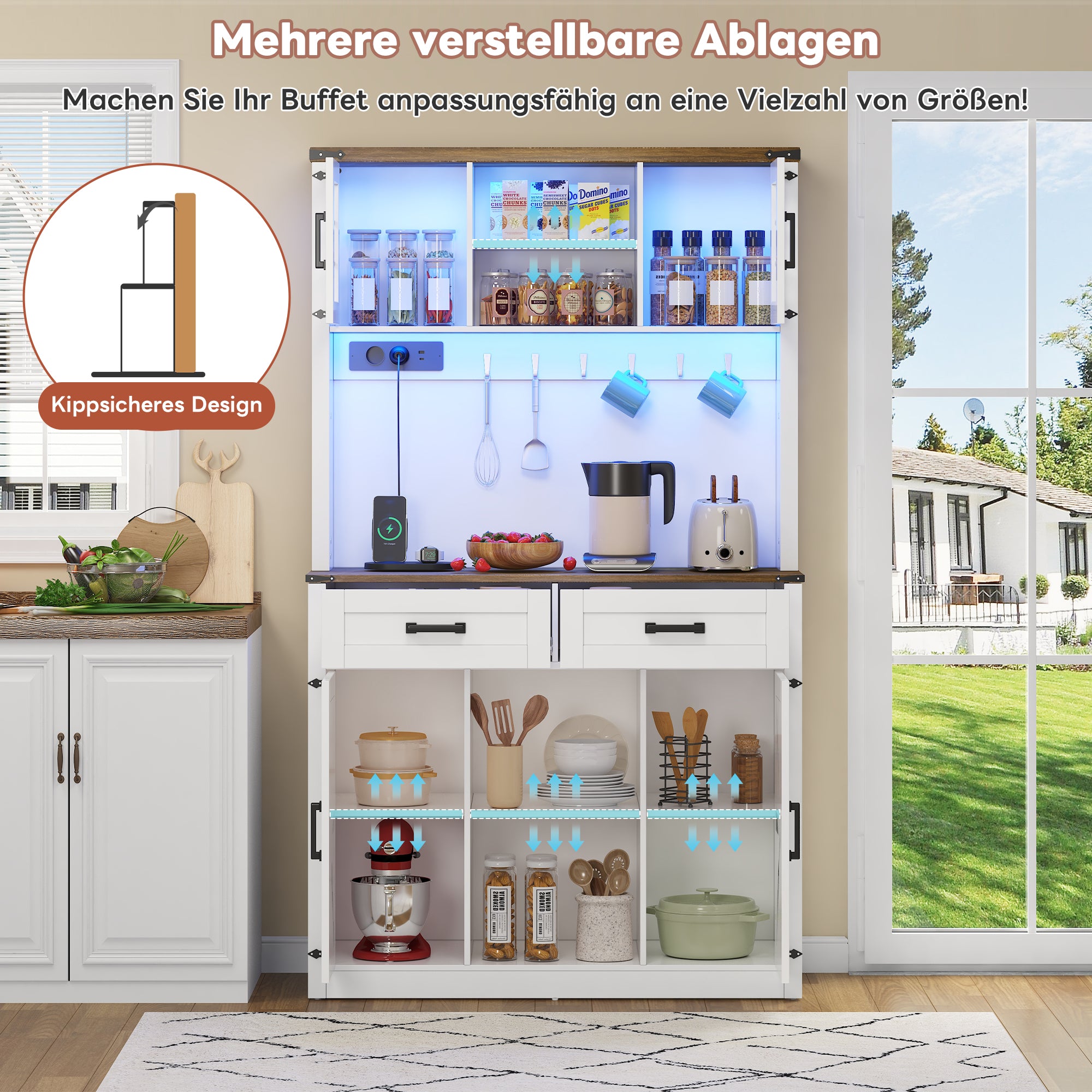 Bar Cabinet Buffet LED Sockets Barn Door 2 Drawers - White