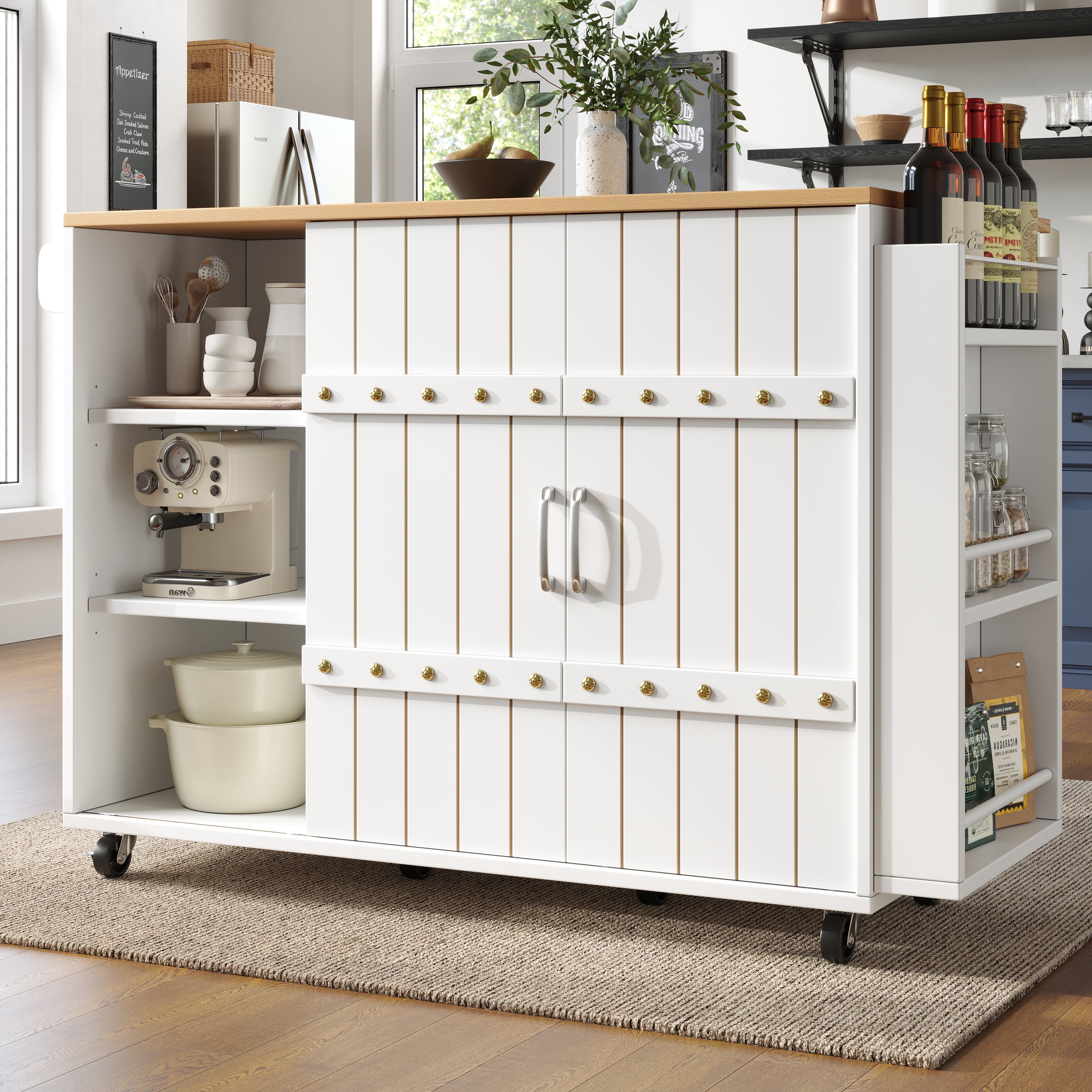 Kitchen Island Serving Cart with Wheels, Worktop, Sliding Doors & Drawers - White