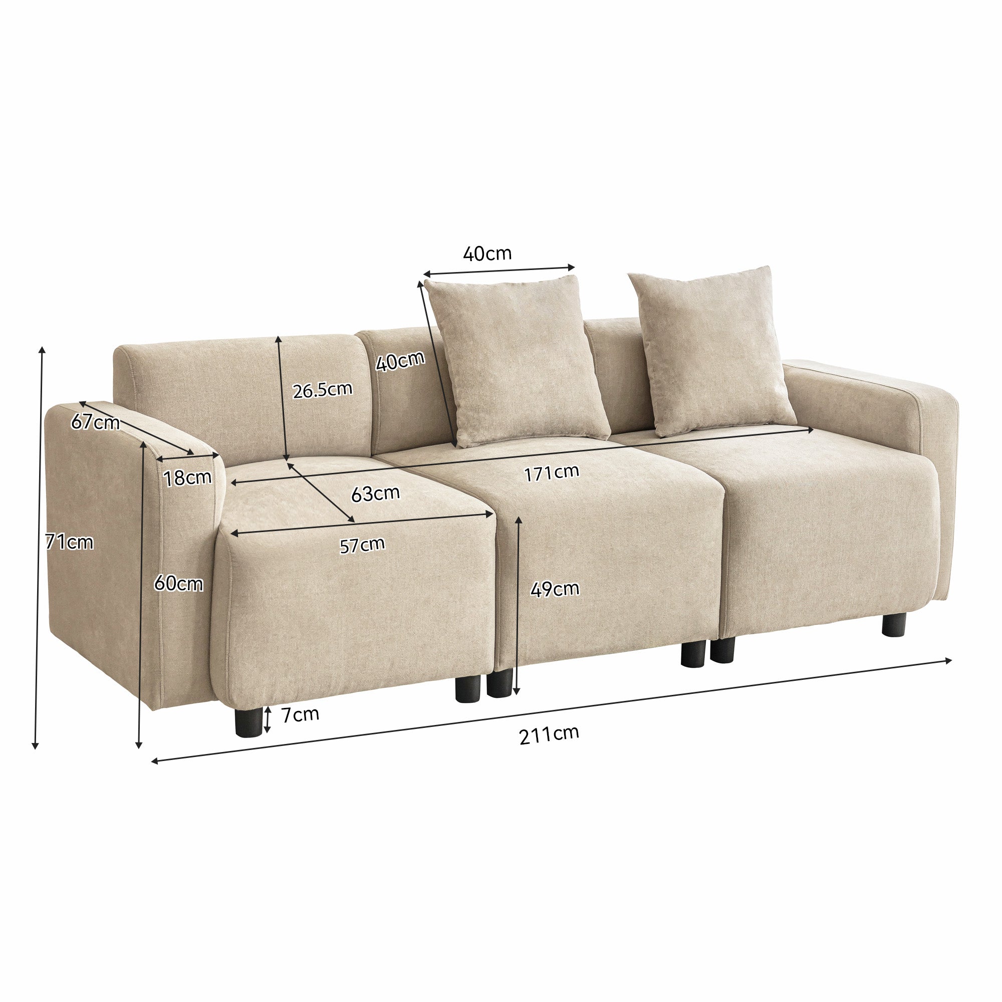 Sofa, 3-Seater Modern Upholstered with Decorative Cushions