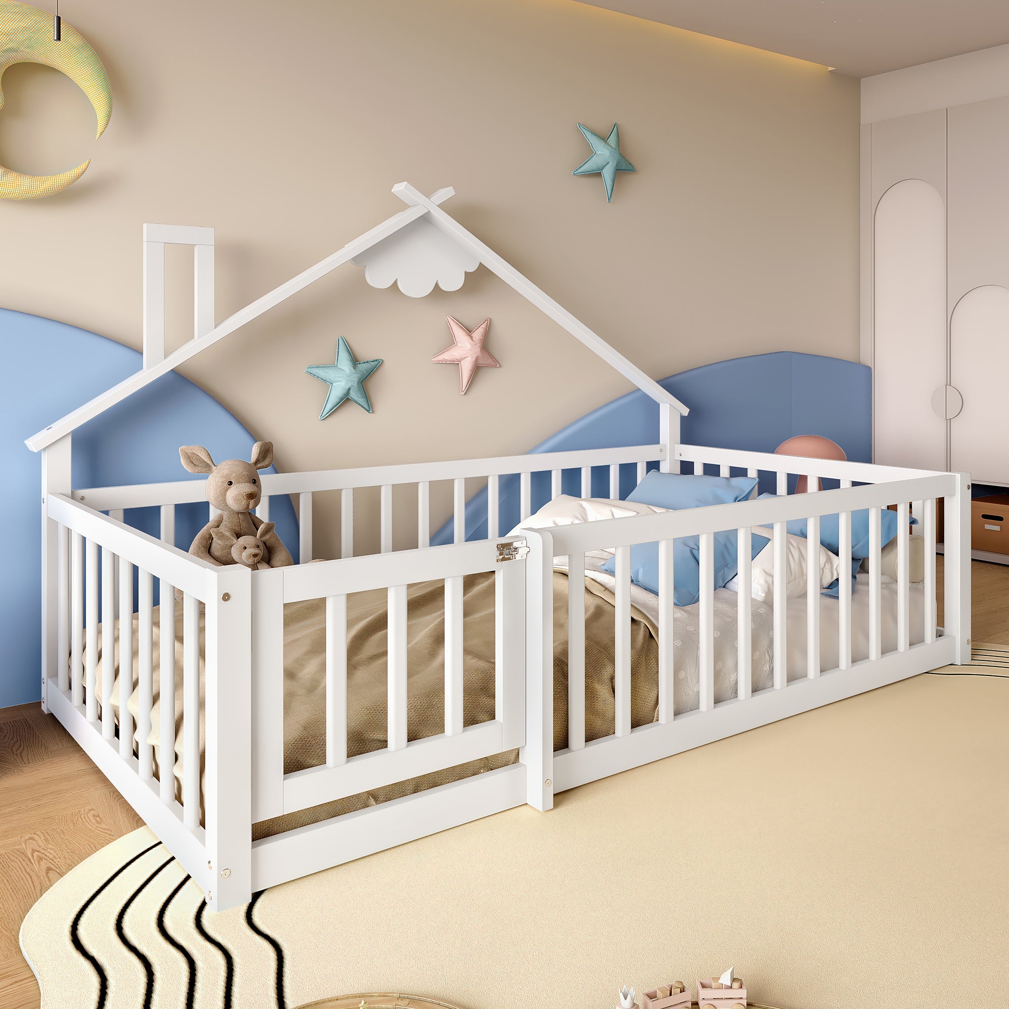 Flatbed 90x190cm House Rail Lock - Pine Wood White