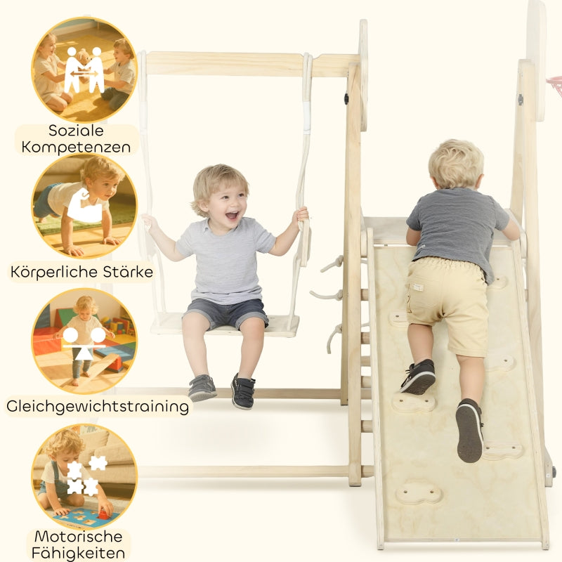5-in-1 Indoor Climbing Frame with Slide, Swing and Basketball Hoop, Natural Wood