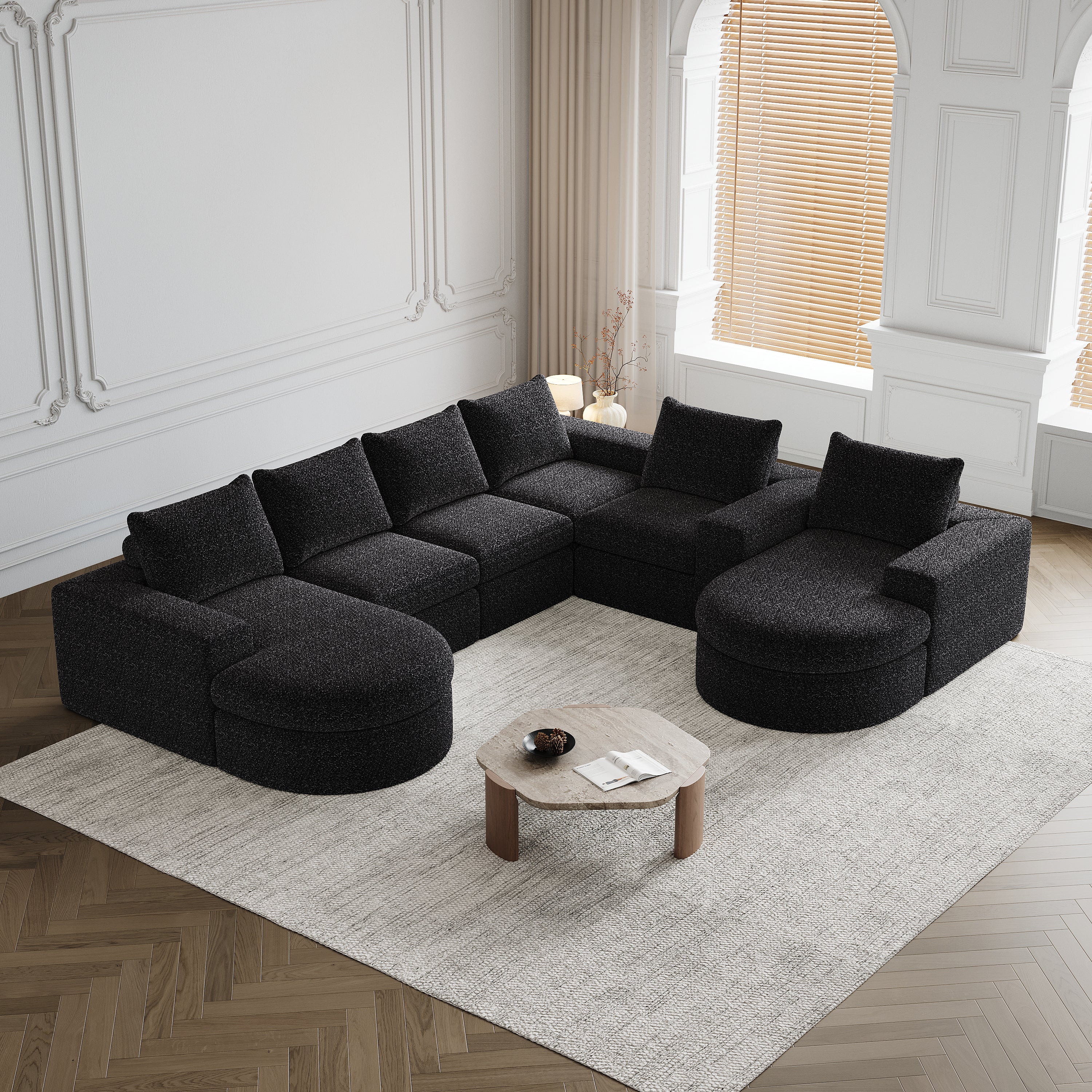 Chenille Sofa - Curved Elements, L-Lounger, Two-Piece Set