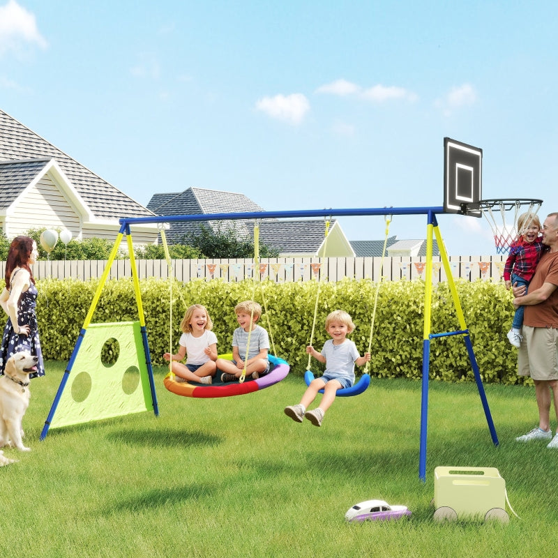 4-in-1 Swing Set with Nest Swing, Basketball Hoop and Football Goal, Metal