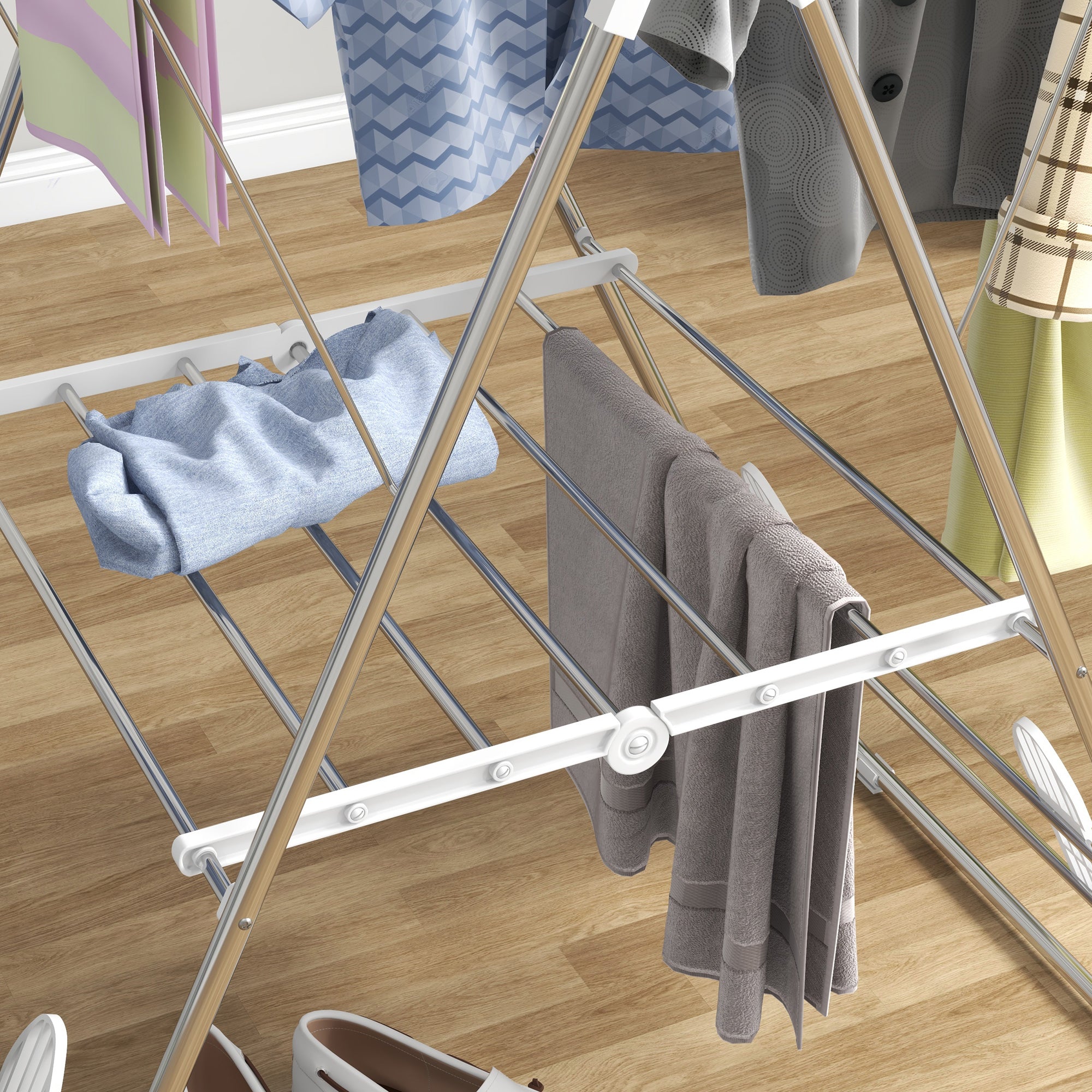 Clothes Airer, Foldable Portable with Telescopic Poles, Stainless Steel and Plastic, Silver and White