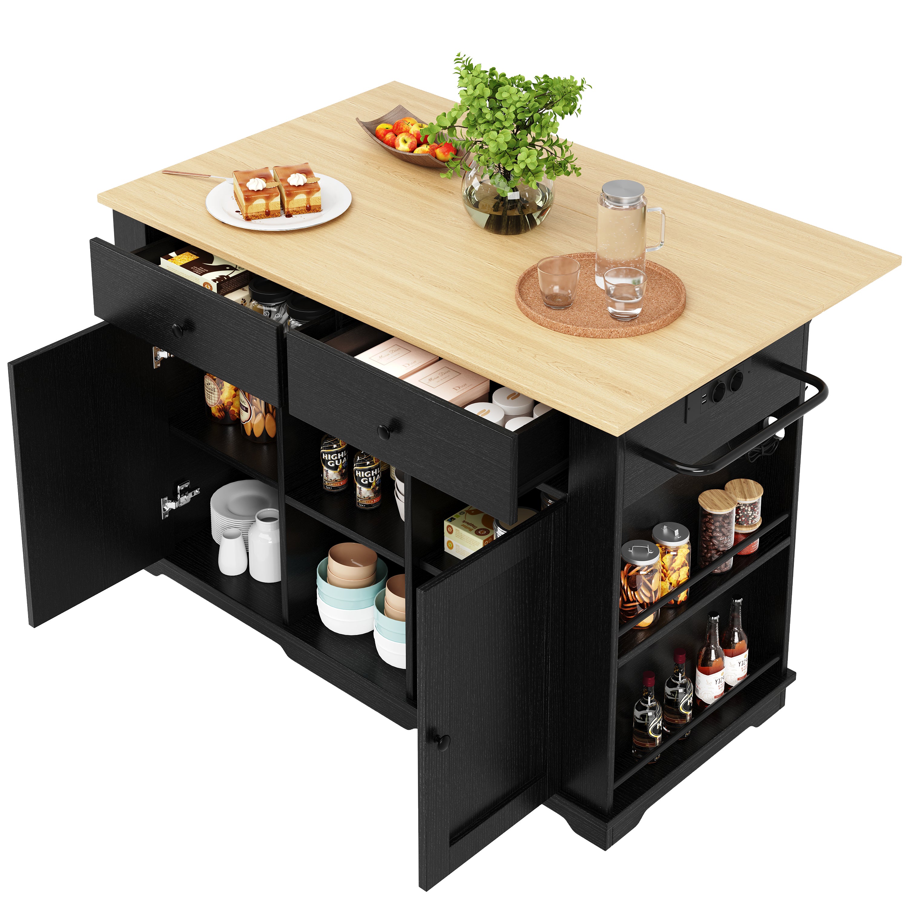 Kitchen Island Trolley Worktop Power Strip Wood Grain Storage - Black