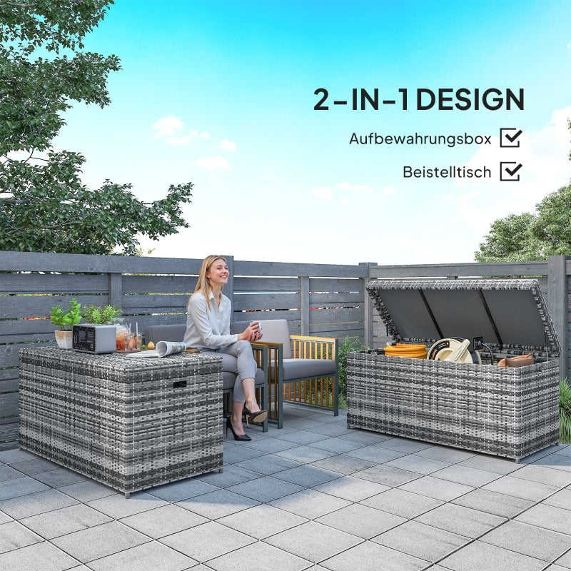 Rattan Storage Box 380L Weatherproof Cushion Box with Lid and Handle, Dark Gray