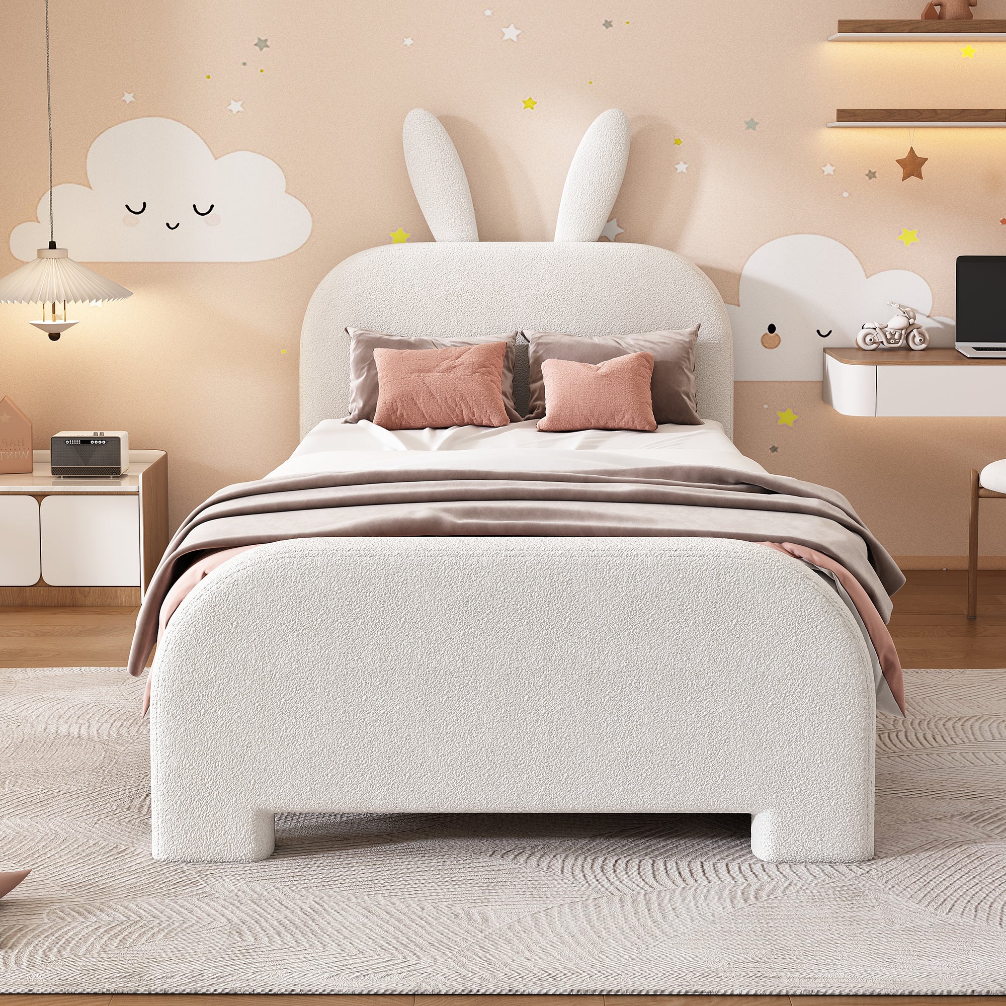 Flat Bed 90x200cm Padded Rabbit Shape 2 Drawers - White