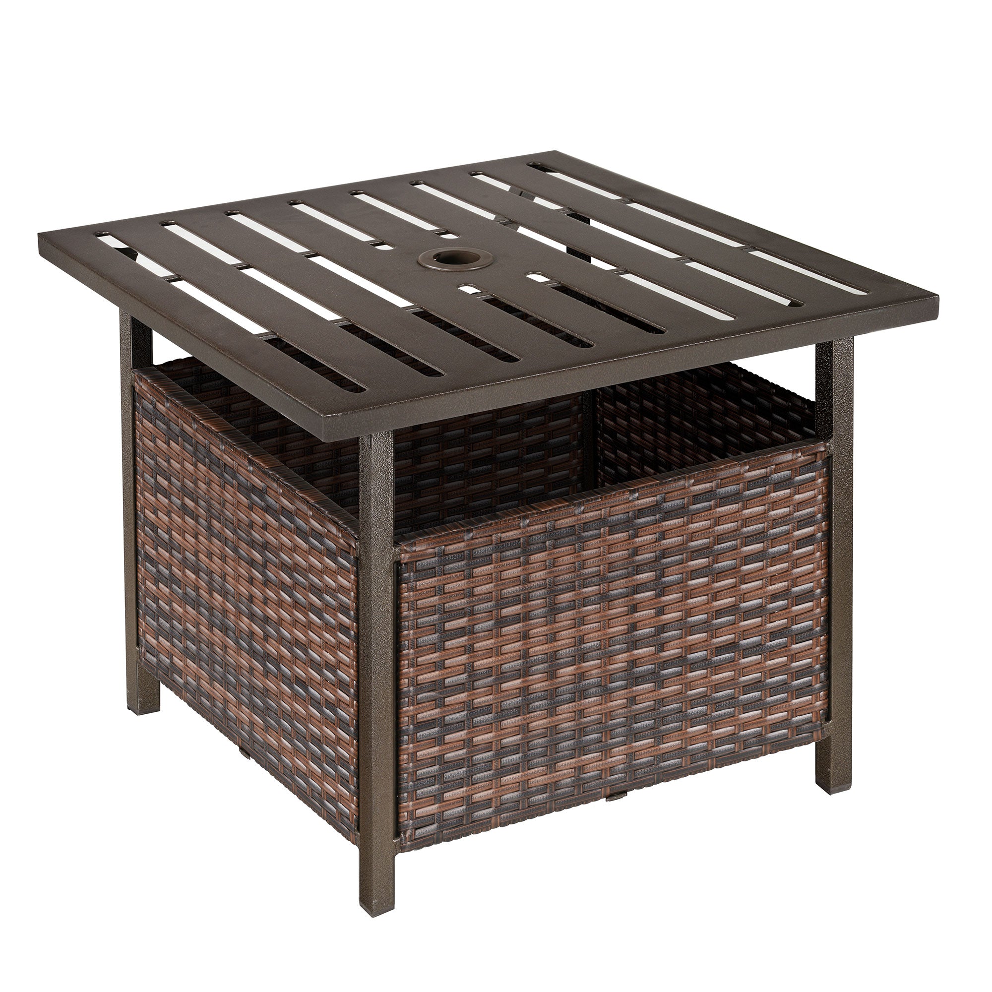 Rattan Garden Coffee Table, Square Side Table with Umbrella Hole, Brown Wicker