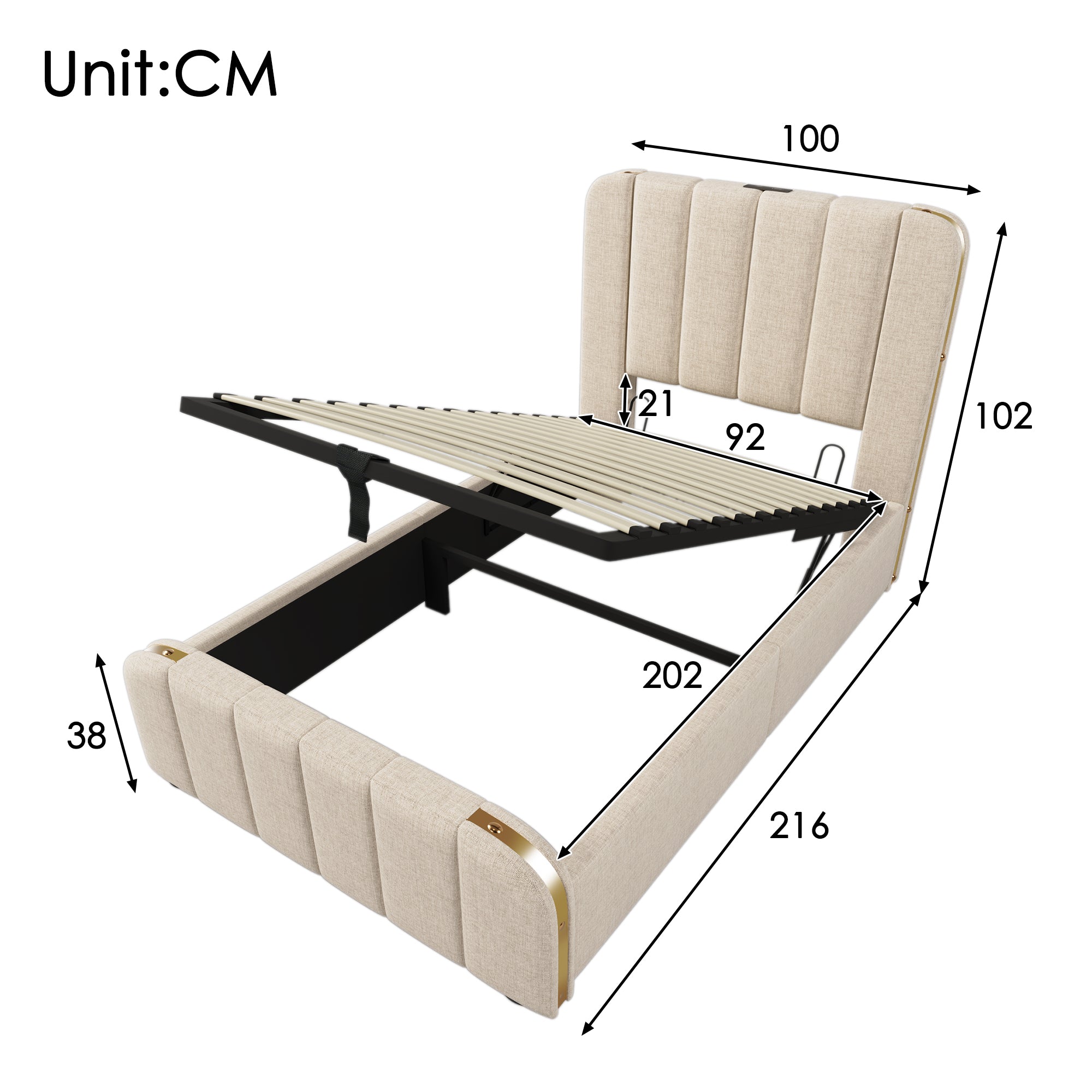 Upholstered Single Bed, Hydraulic Storage with USB Type-C, Beige Linen