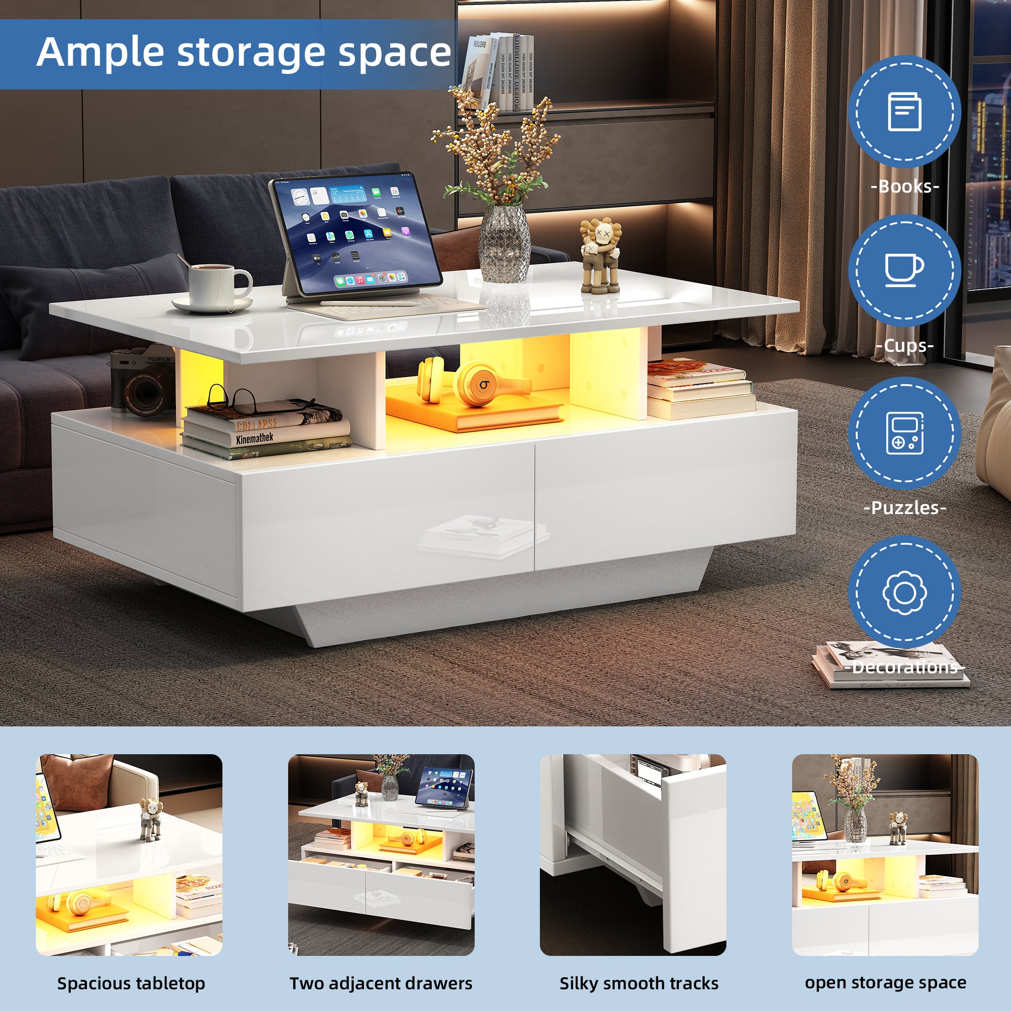 Modern high-gloss coffee table with LED lighting and 2 drawers 90x55x41 cm, 30 kg load capacity