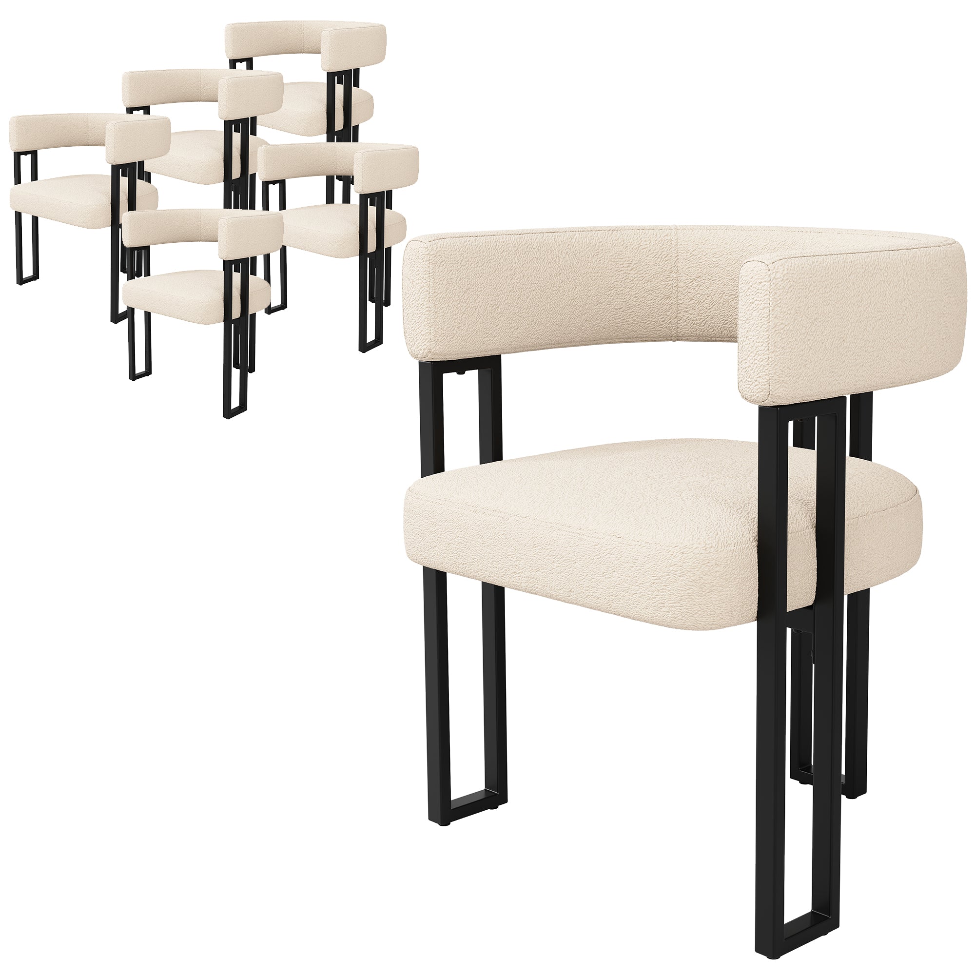 Ergonomic Dining Chair Set of 6 with Curved Backrest, Beige and Brown Lambskin Fabric