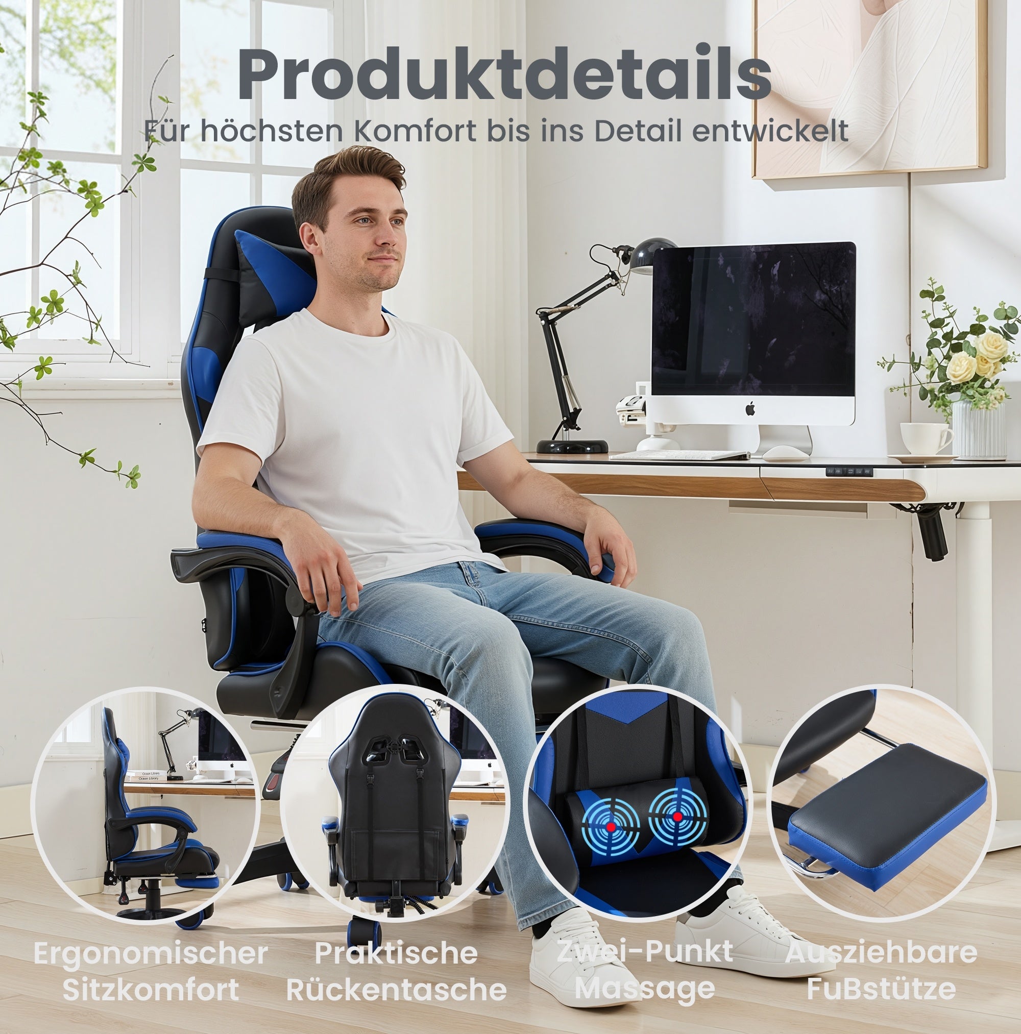 Gaming Chair Ergonomic Racing High-Back with Footrest Headrest Lumbar Support - Black & Blue Leather