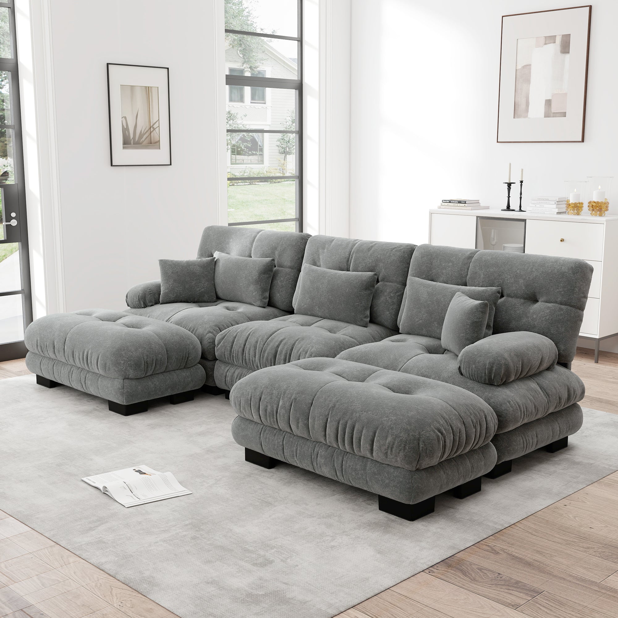 Luxury Modular Corner Sofa, Oversized U-shaped Cloud with Ottoman, Chenille Grey
