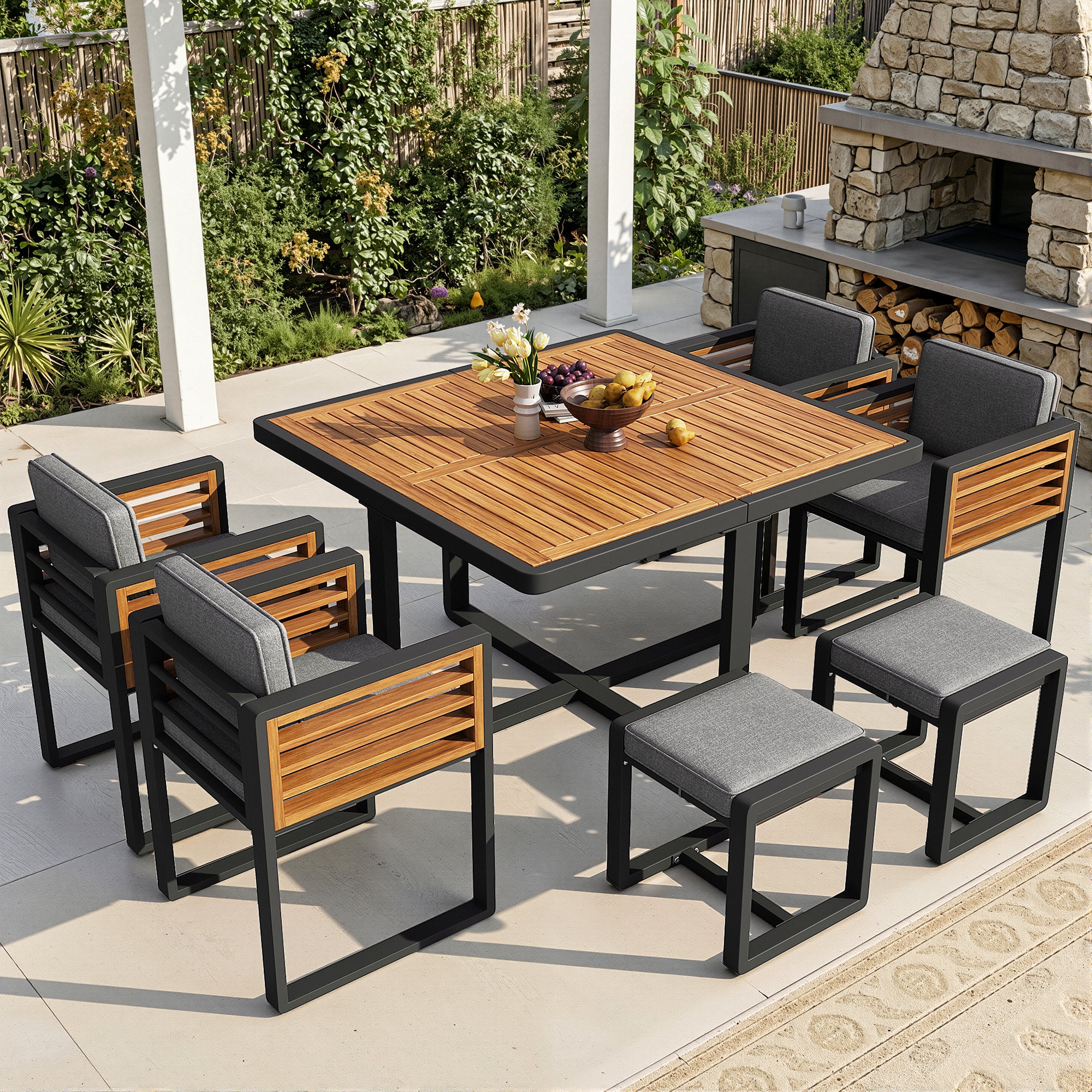 Garden Furniture Set, Lounge Seating Group with 6 Chairs and Table, Solid Wood Tabletop