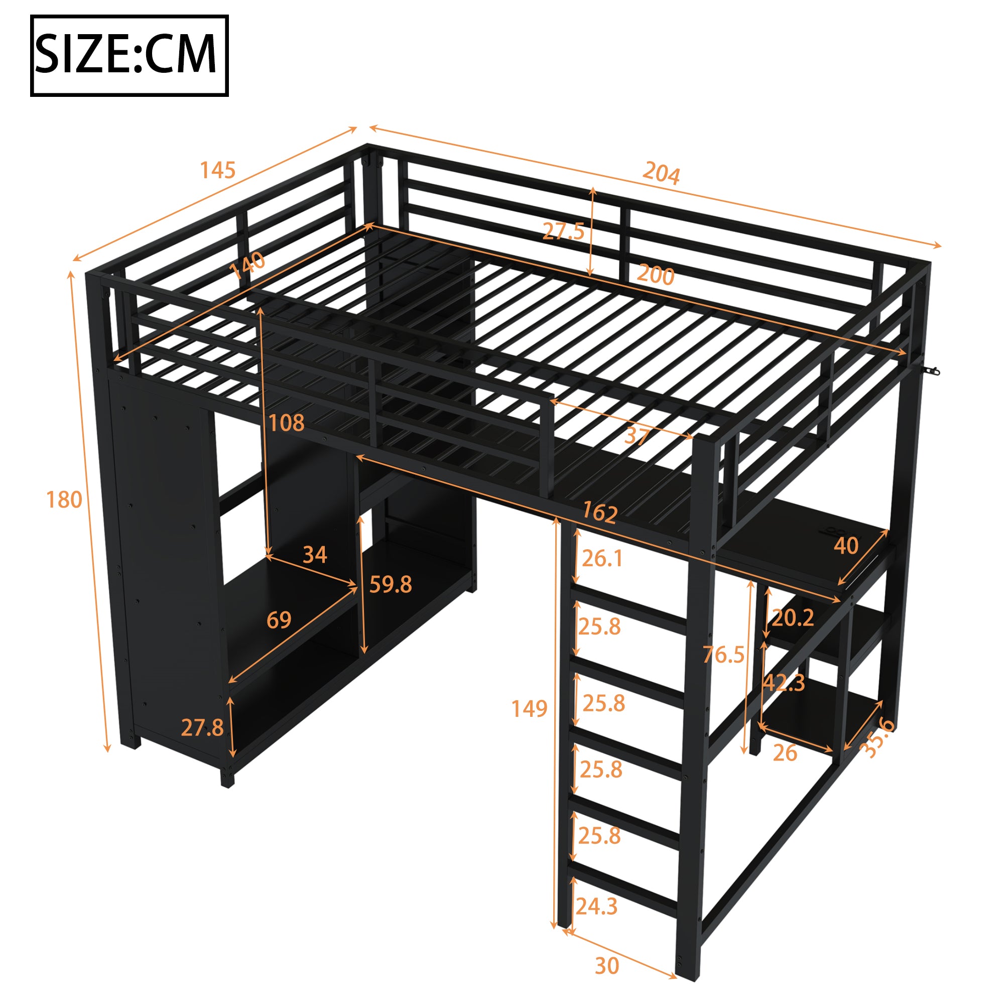 140x200 Gaming Loft Bed with LED, Desk & Storage, Metal Black
