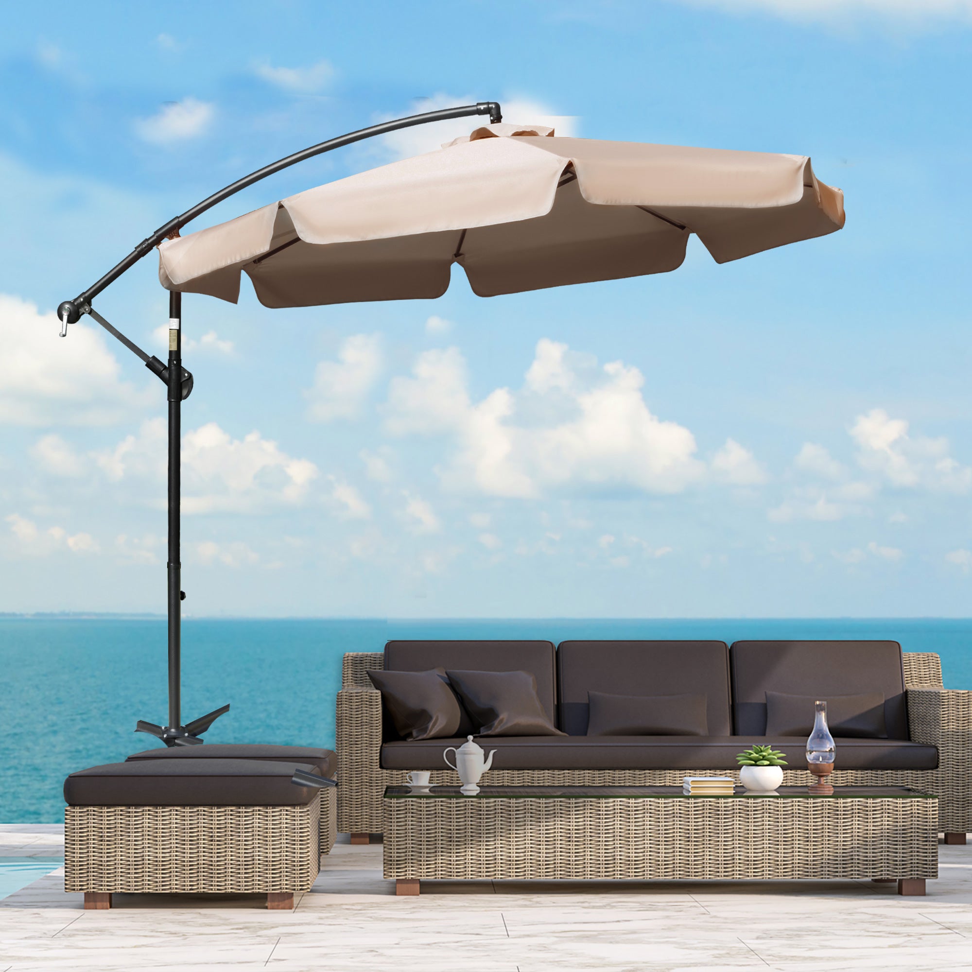 2.7m Cantilever Parasol Sun Umbrella with Crank Handle and Cross Base, Light Brown