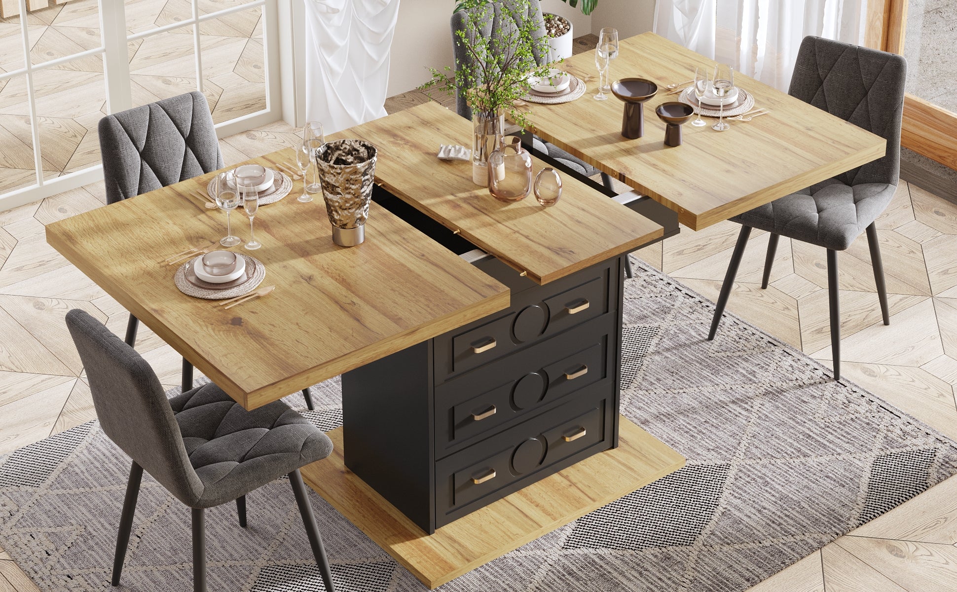 Extendable Dining Table 110-140x80cm 6 Person - Wood Grain