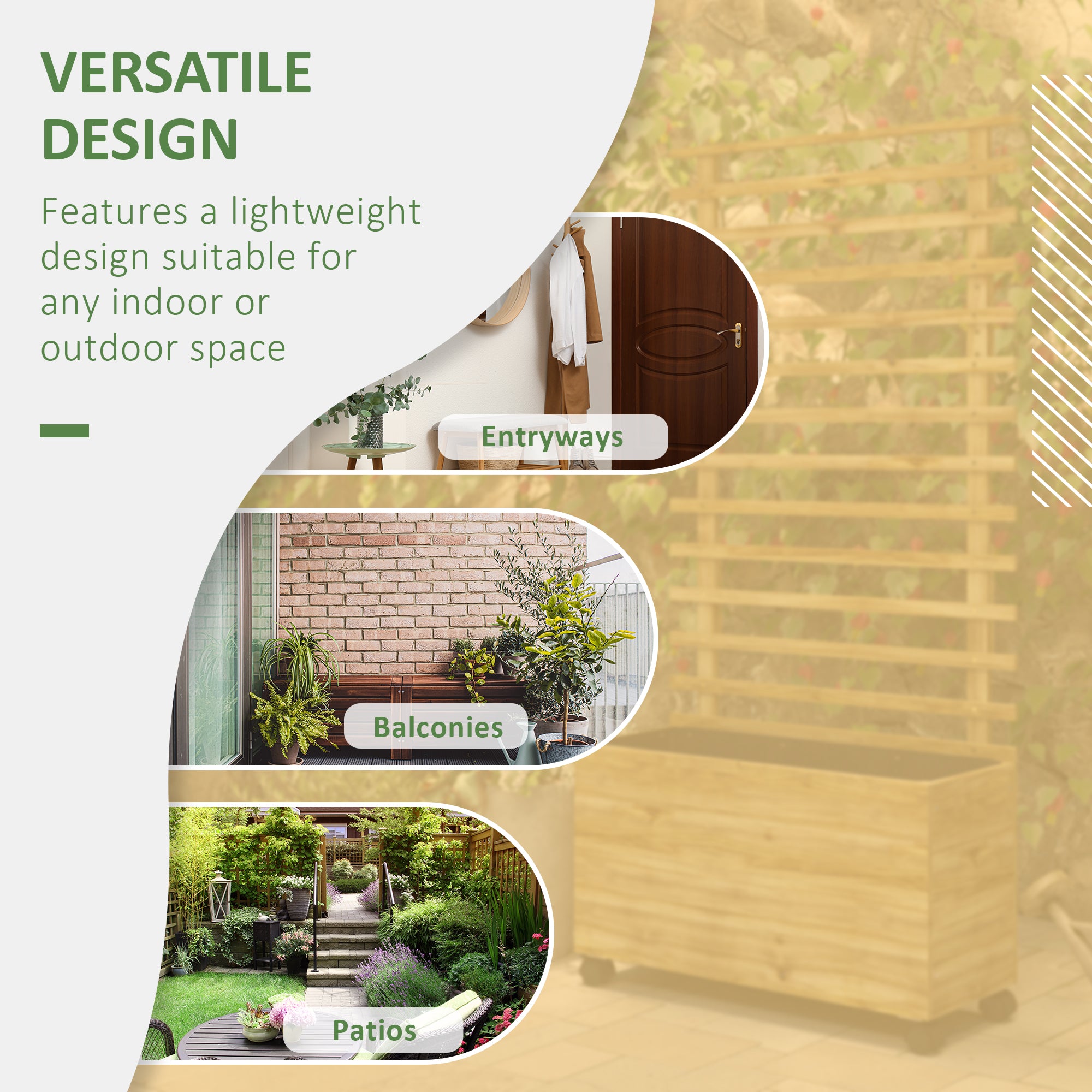 Wooden Raised Planter with Back Trellis, Natural Finish