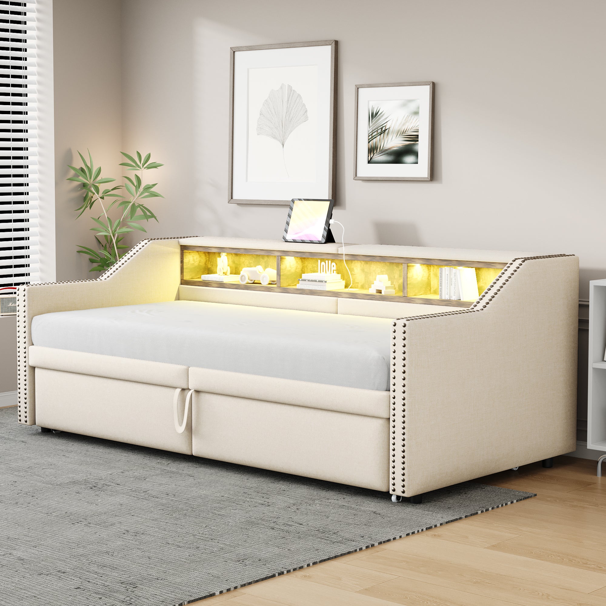 Upholstered Bed, Pull-Out Sofa Bed with Storage, LED & USB, Beige
