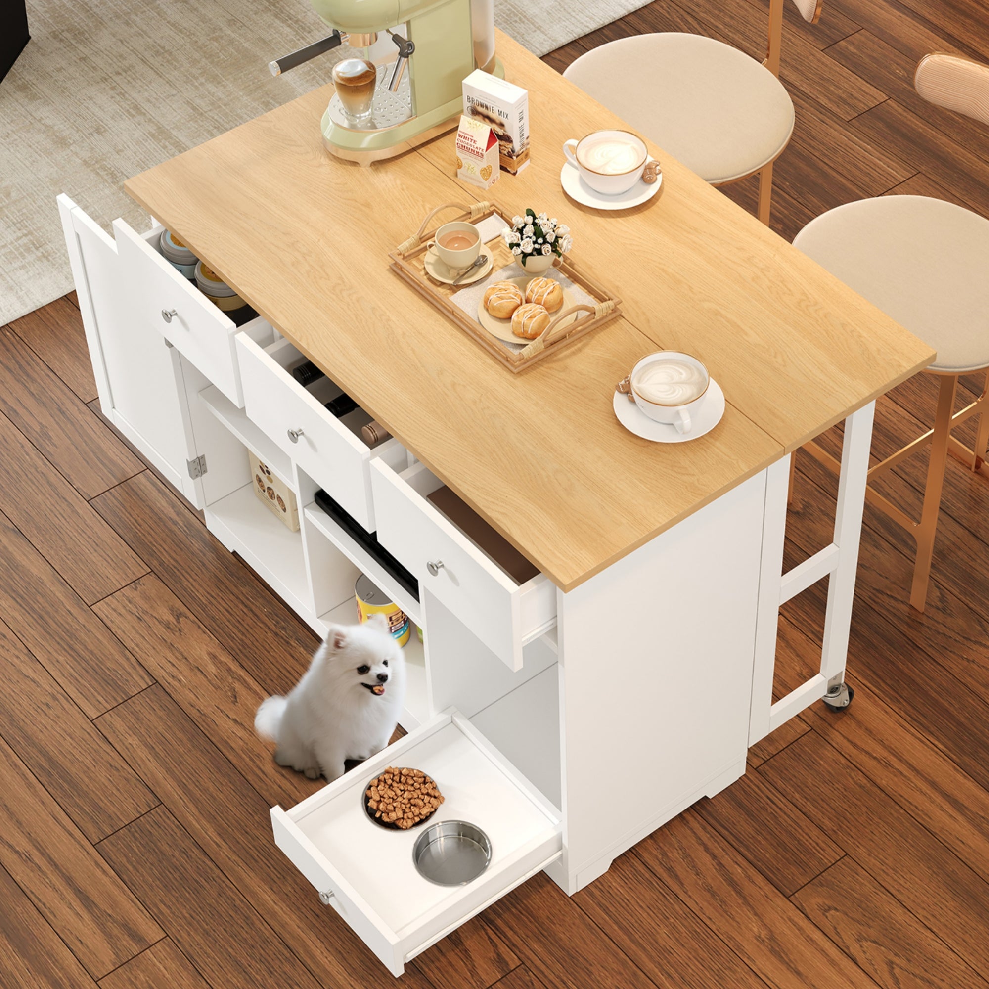 Kitchen Trolley, Mobile Serving Island Drawer Pet Food Area, White