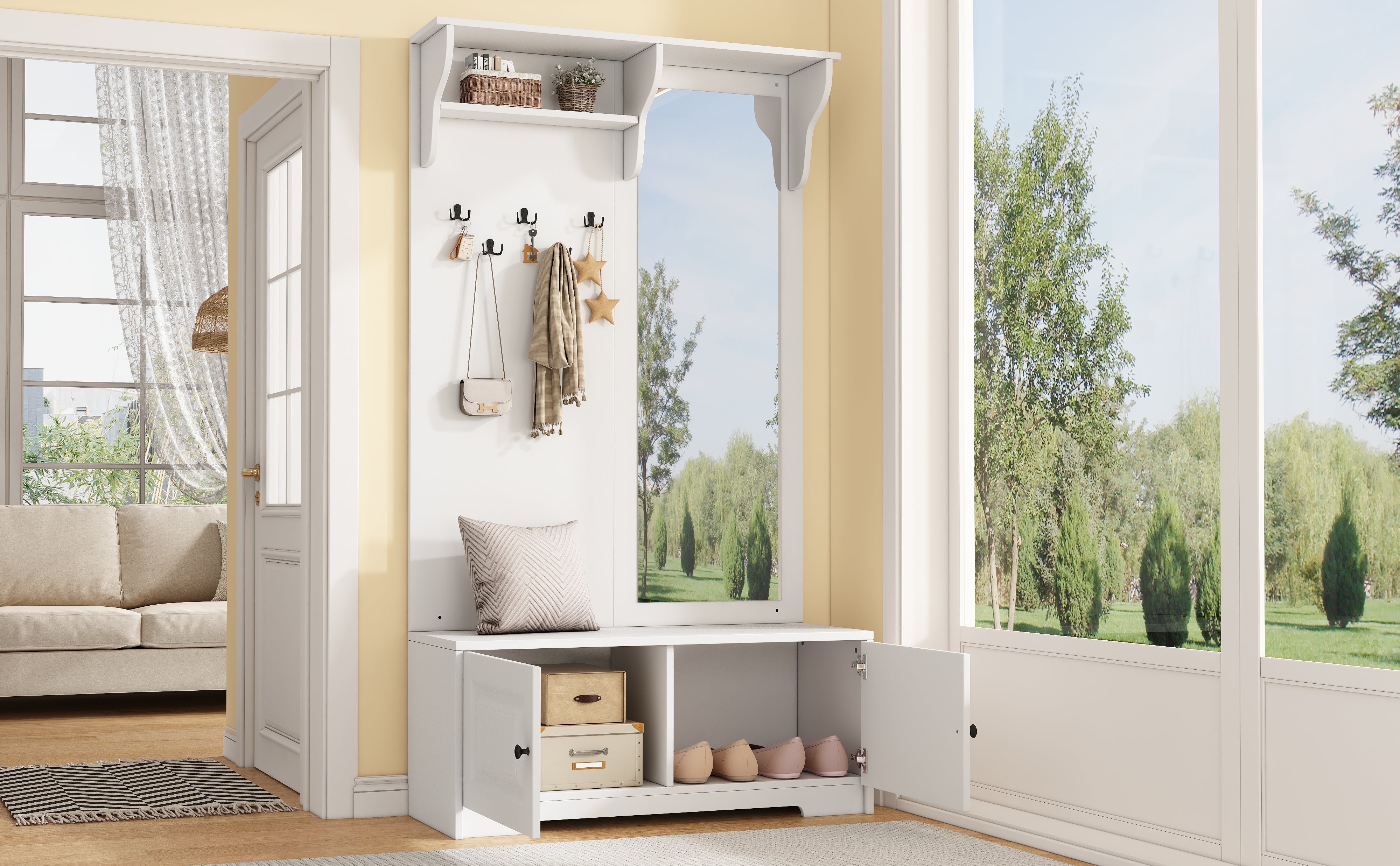 Wardrobe with Mirror, 5 Hooks, 2 Cabinets, White