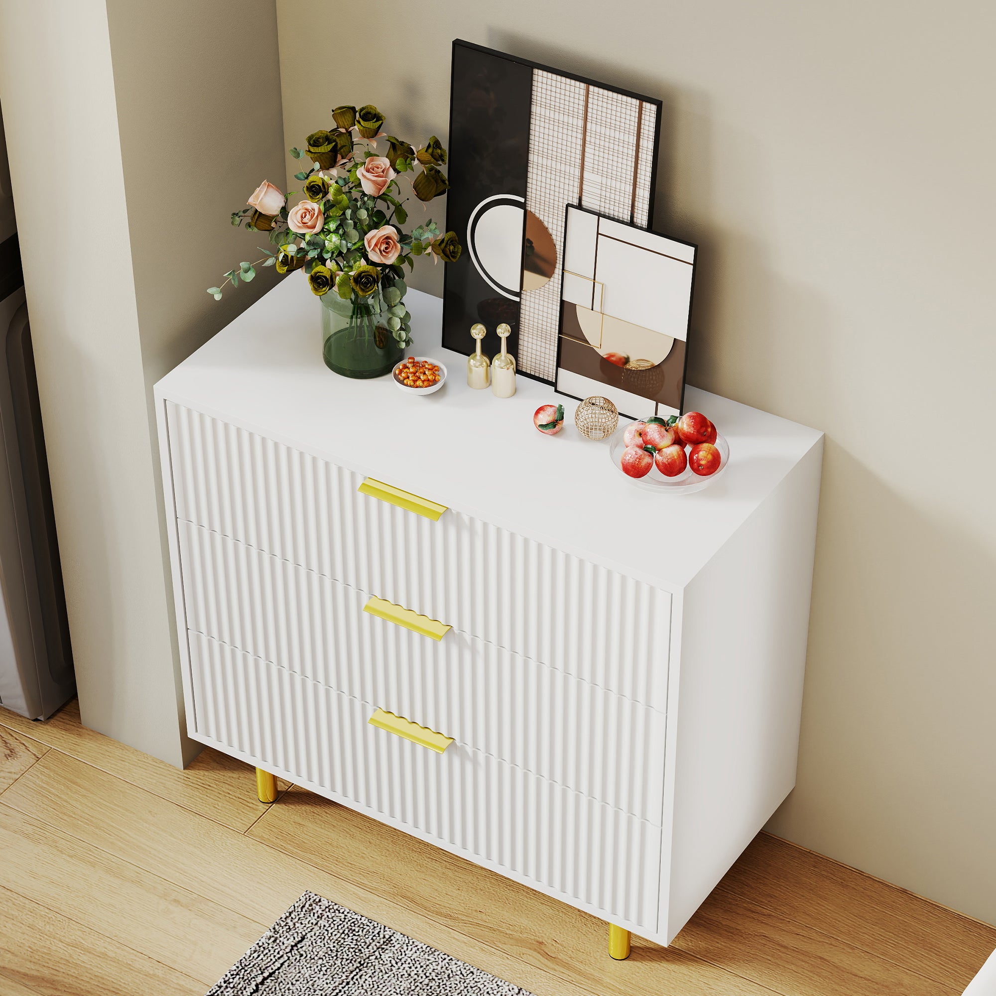 Chest of Drawers Sideboard 3 Drawers Modern Design - White and Gold