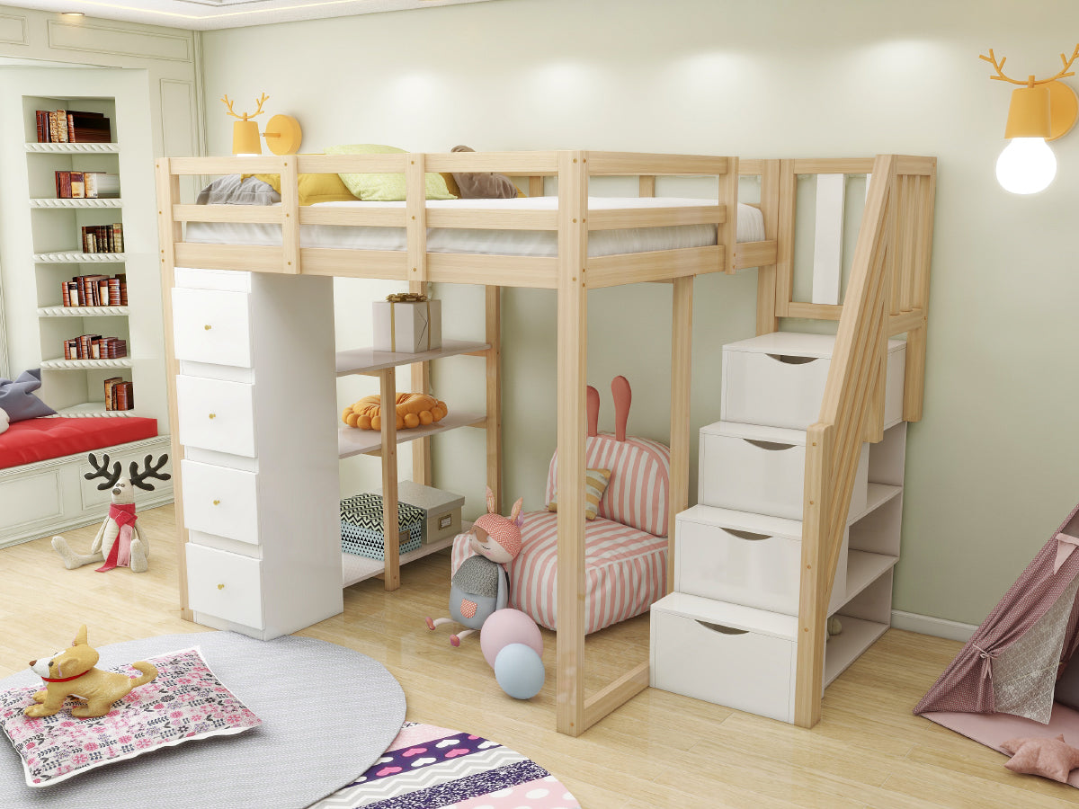 Loft Bed 140x200cm with Storage Drawers, Shelves, & Ladder, Solid Wood