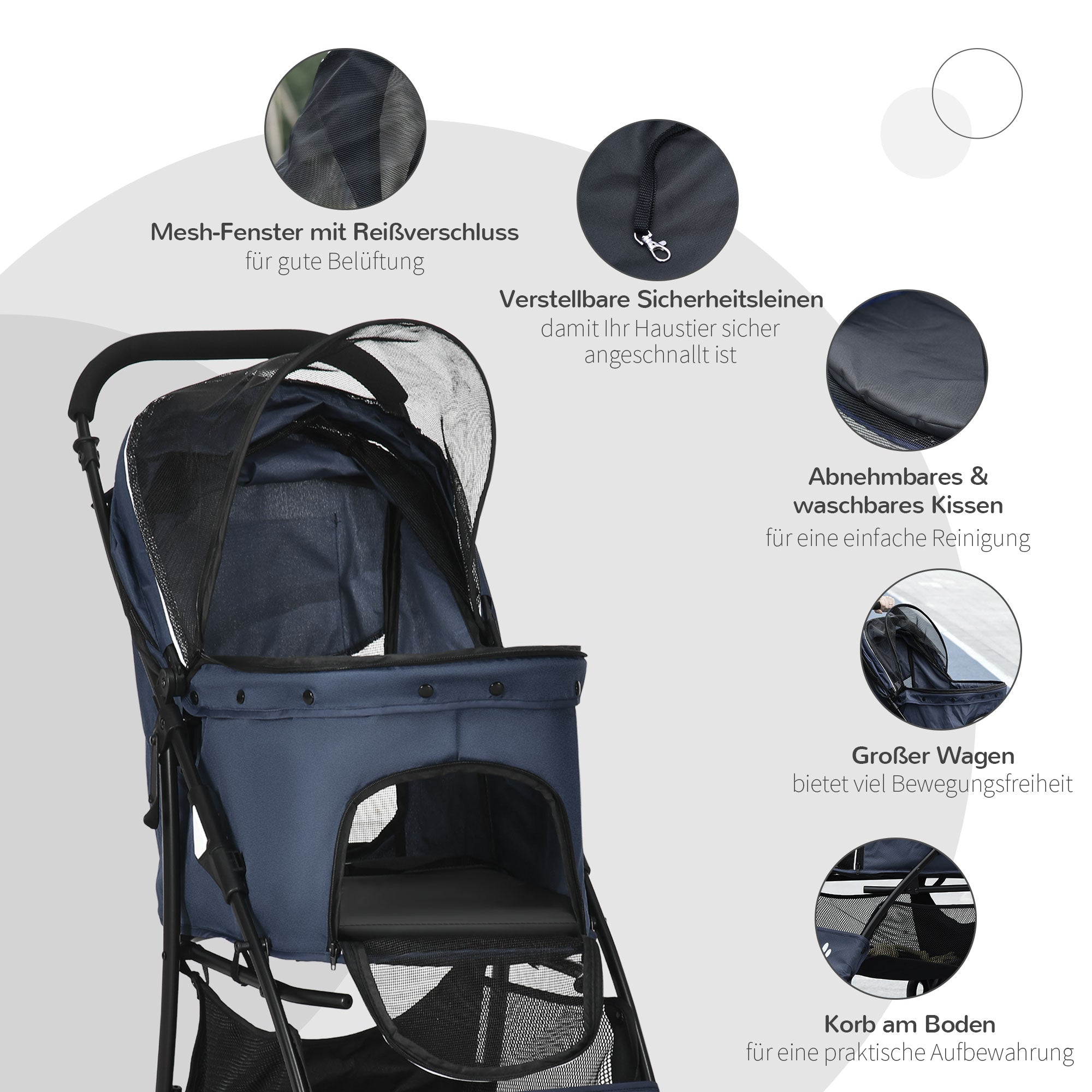 Dog Stroller, Foldable Buggy with Cushion, 4 Wheels, 600D Oxford Material
