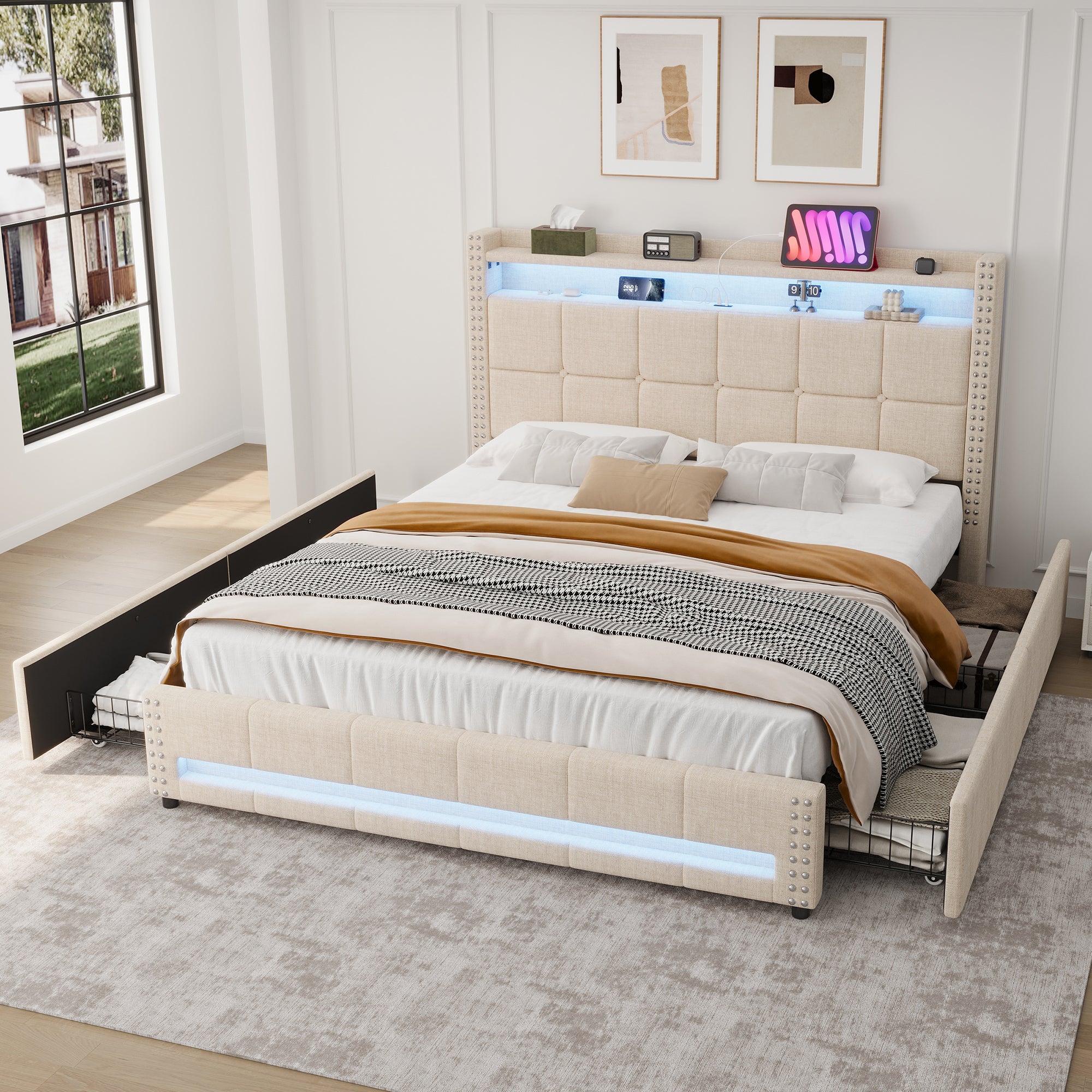 4ft6 Double Upholstered Storage Bed w/ LED, Charging Station, Linen Beige